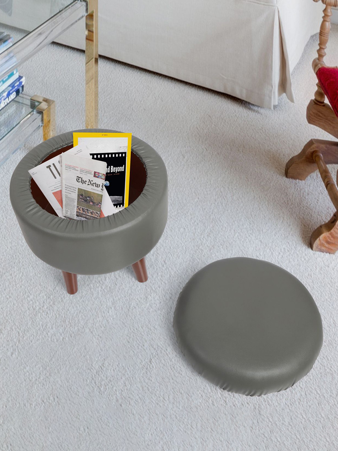 THE HOME CO. Grey Sitting Wooden Pouffe Ottoman