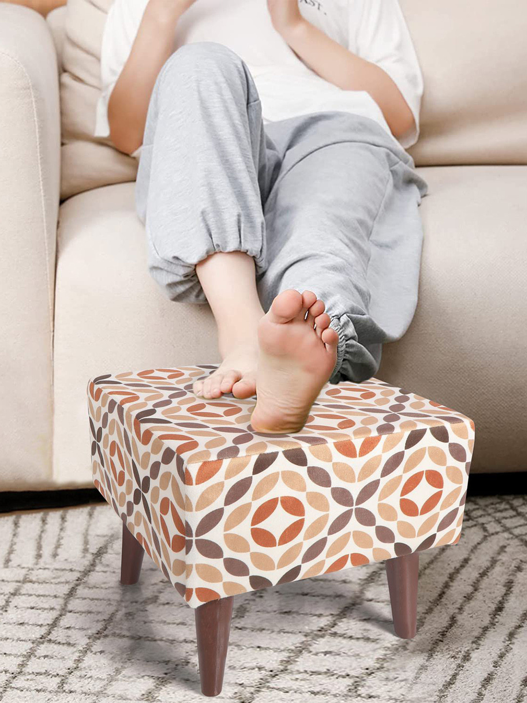 THE HOME CO. Beige & Brown Wooden Sitting Pouffe Ottoman Stool
