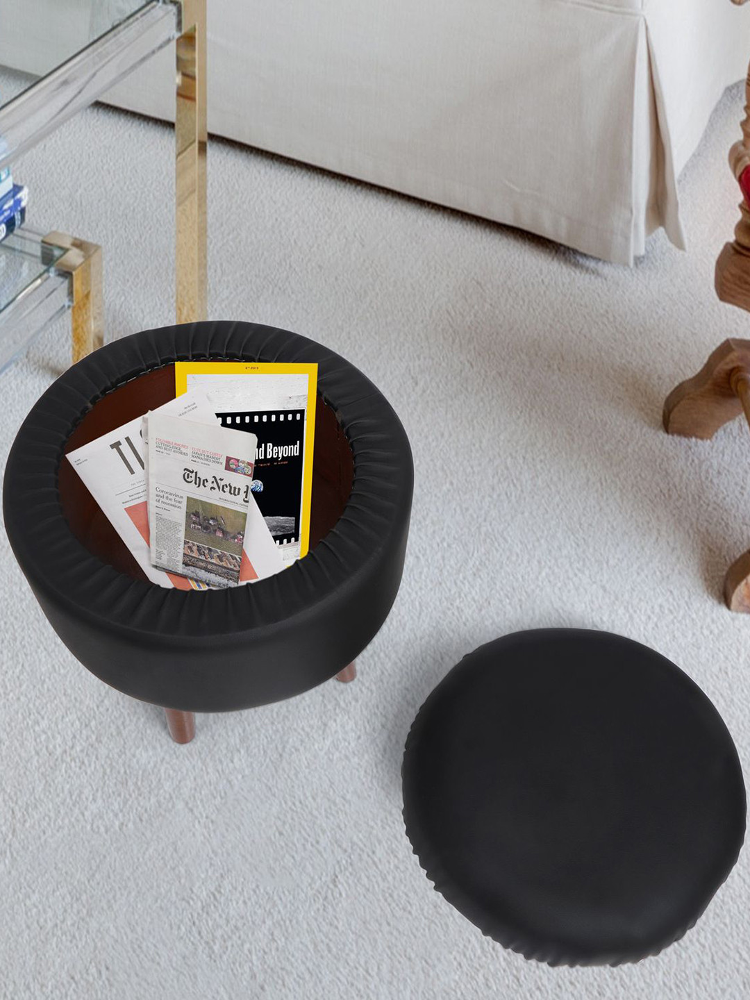 THE HOME CO. Black & Brown Pouffe Ottoman Sitting Stool