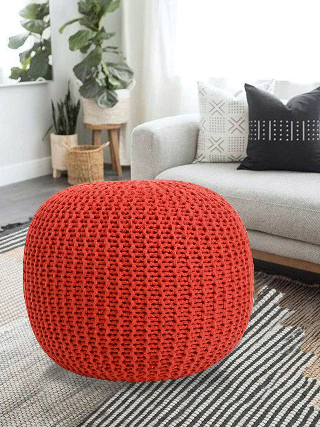 THE HOME CO. Orange-Colored Sitting Puoffe Self Design Orange Wool Stool