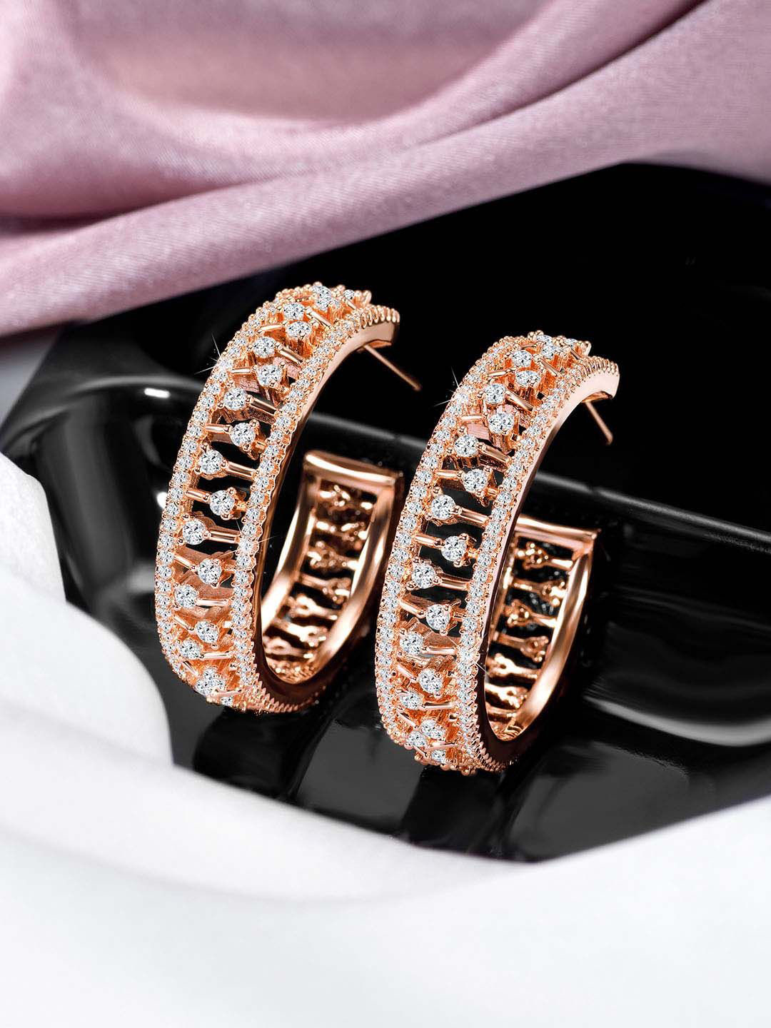 Peora Rose Gold-Plated Brass Contemporary Shaped Cubic Zirconia Stone Half Hoop Earrings