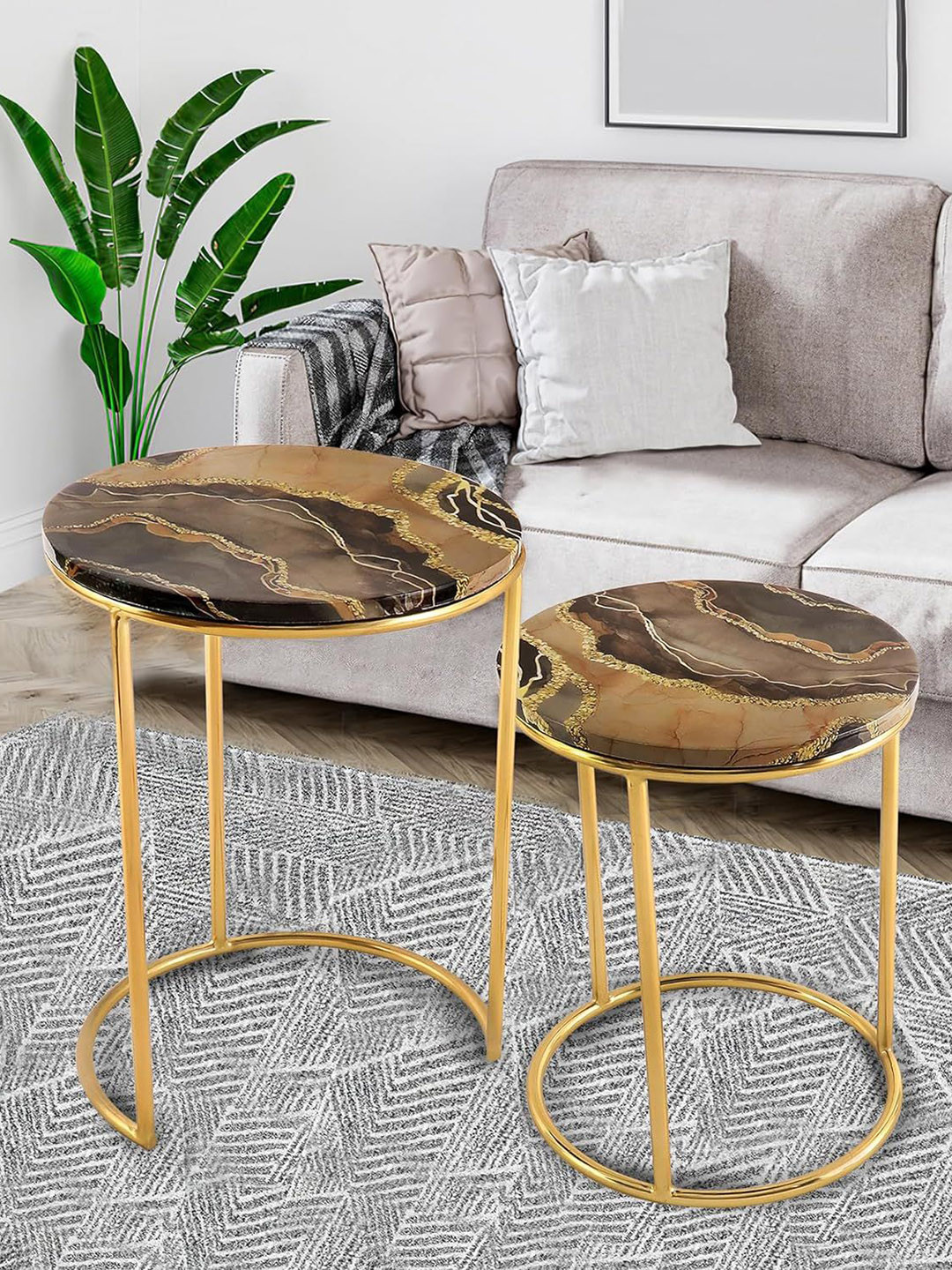 THE HOME CO. Brown & Gold toned 2 Pieces Marble Stool