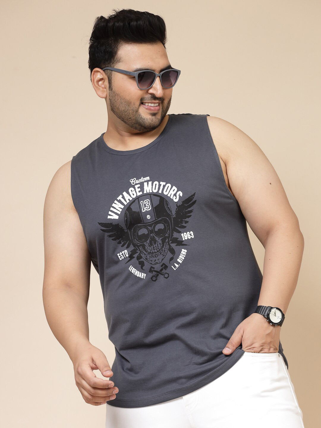 Rigo Plus Size Men Graphic Printed Round Neck Slim Fit Vest T-shirt
