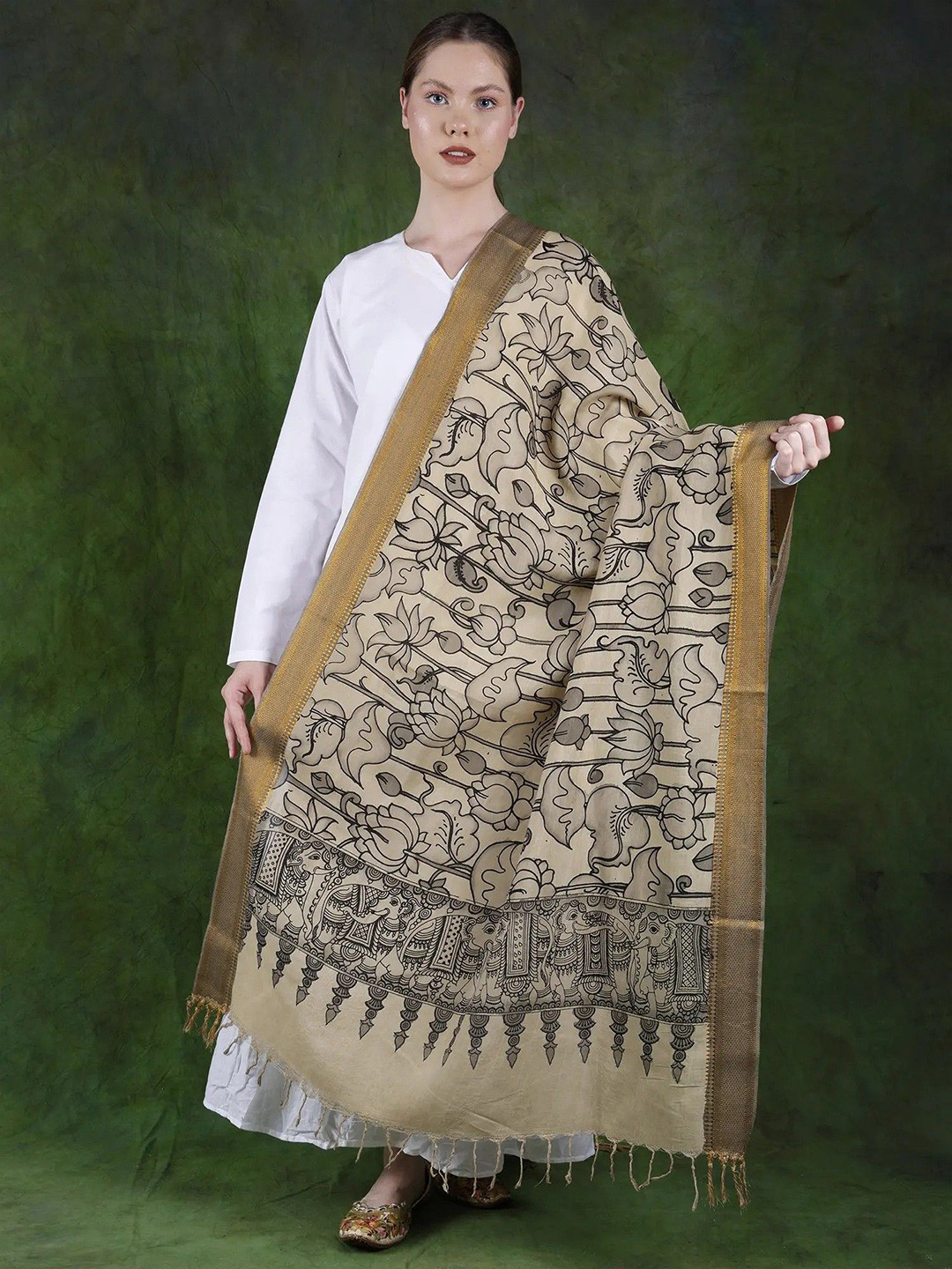 Exotic India Pale Khaki Hand-Painted Lotuses Kalamkari Cotton Dupatta with Zari Border