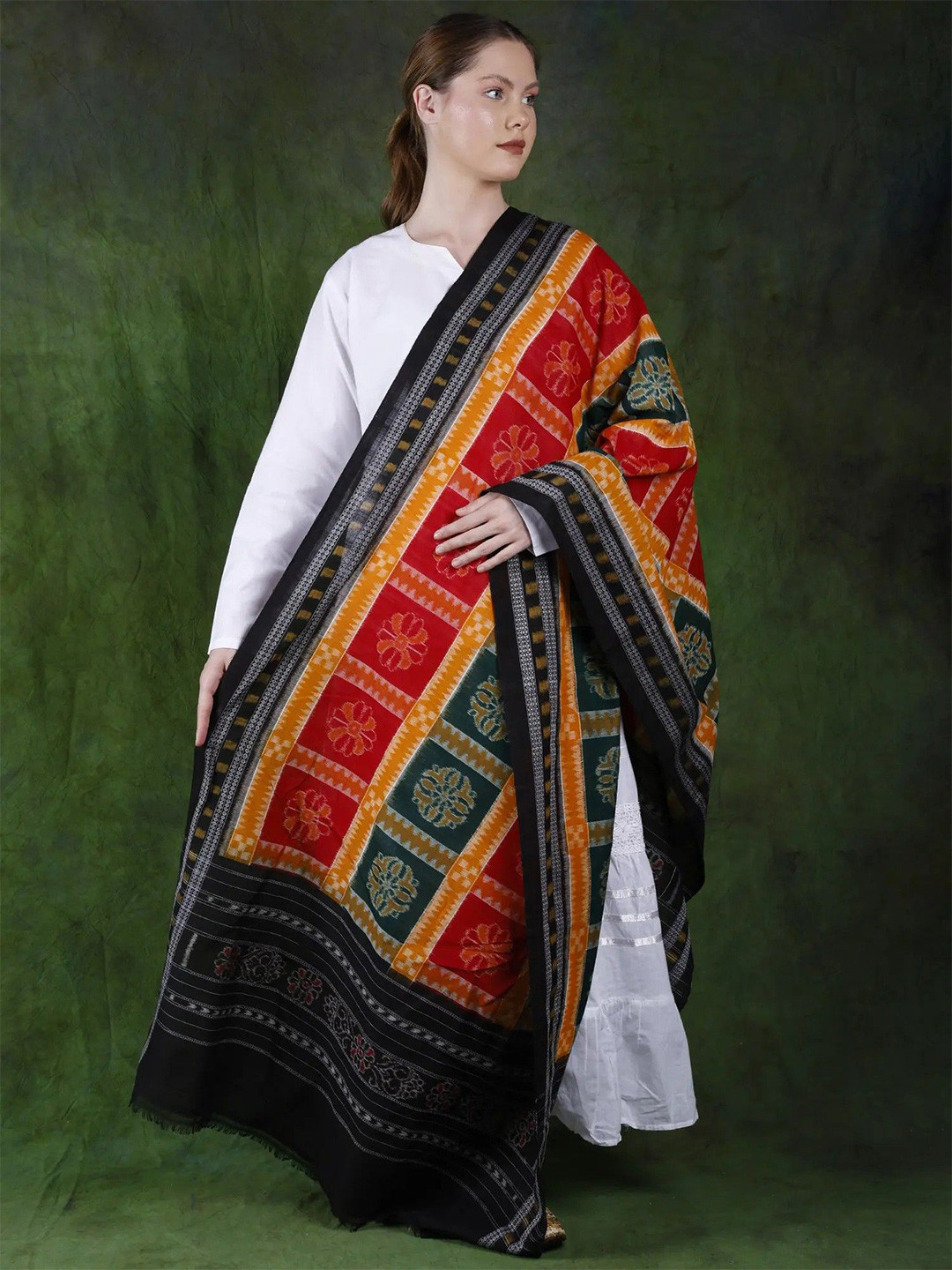 Exotic India Tri Color Ikat Handloom Pure Cotton Sambalpur Dupatta with Woven Flowers