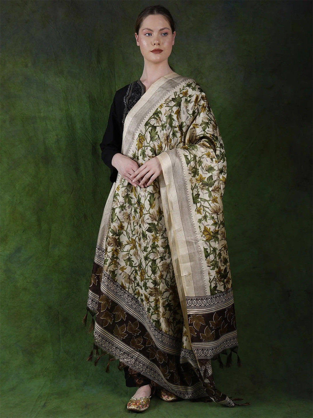 Exotic India Banana Palm Maple Leaves Print Art Silk Dupatta with Chevron Border