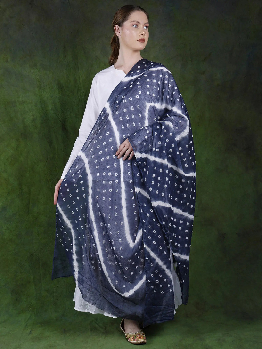 Exotic India Majolica Blue Pure Cotton Bandhani Leheria Tie-Dye Dupatta