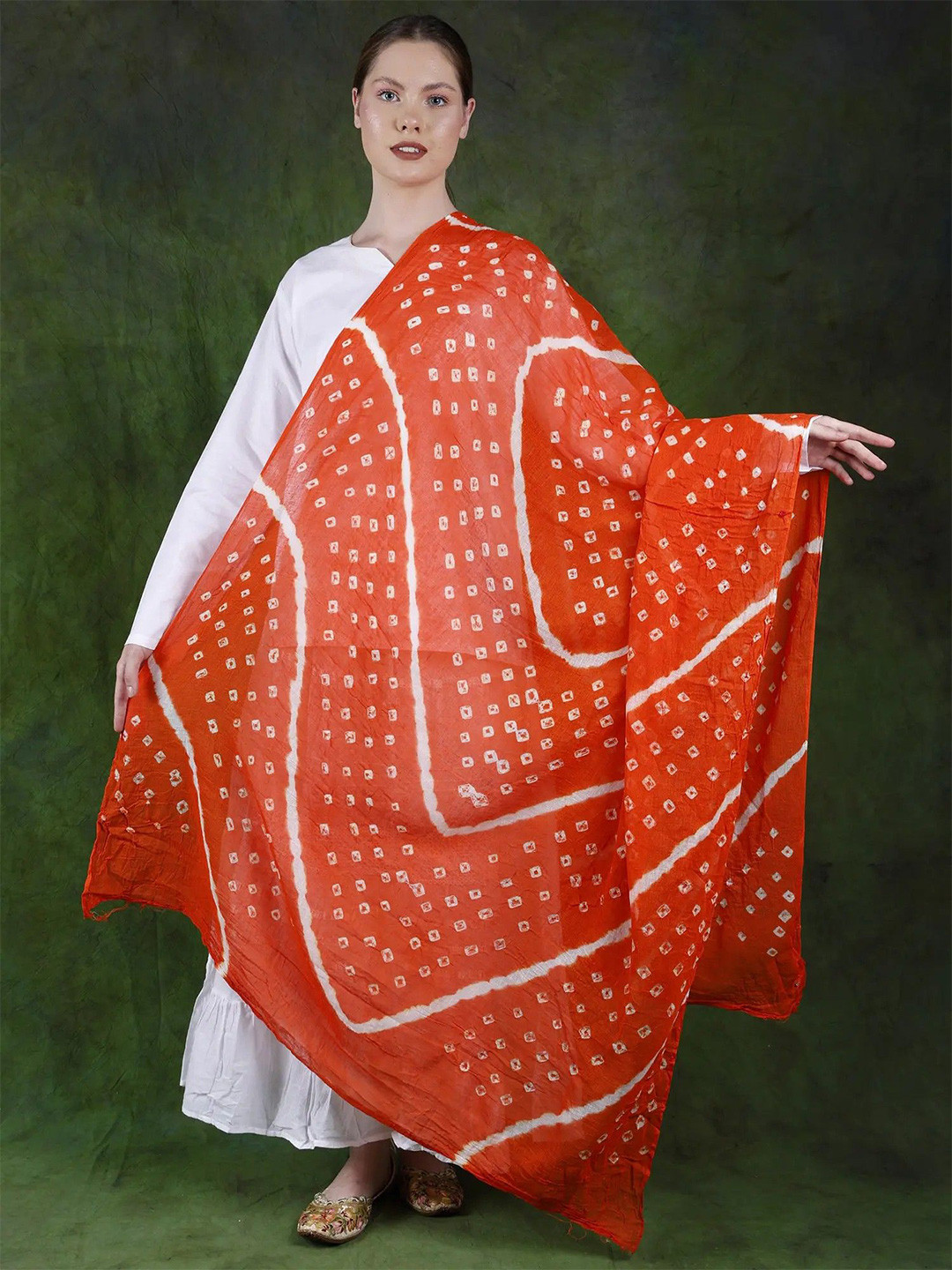 Exotic India Orangeade Pure Cotton Bandhani Leheria Tie-Dye Dupatta