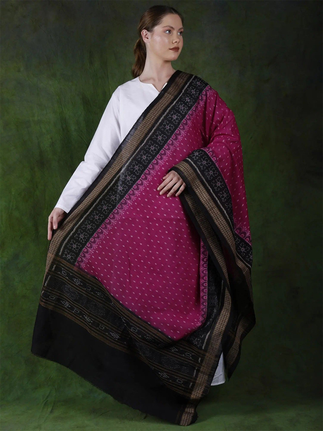 Exotic India Clover Pure Cotton Ikat Handloom Sambalpur Dupatta with Woven Border
