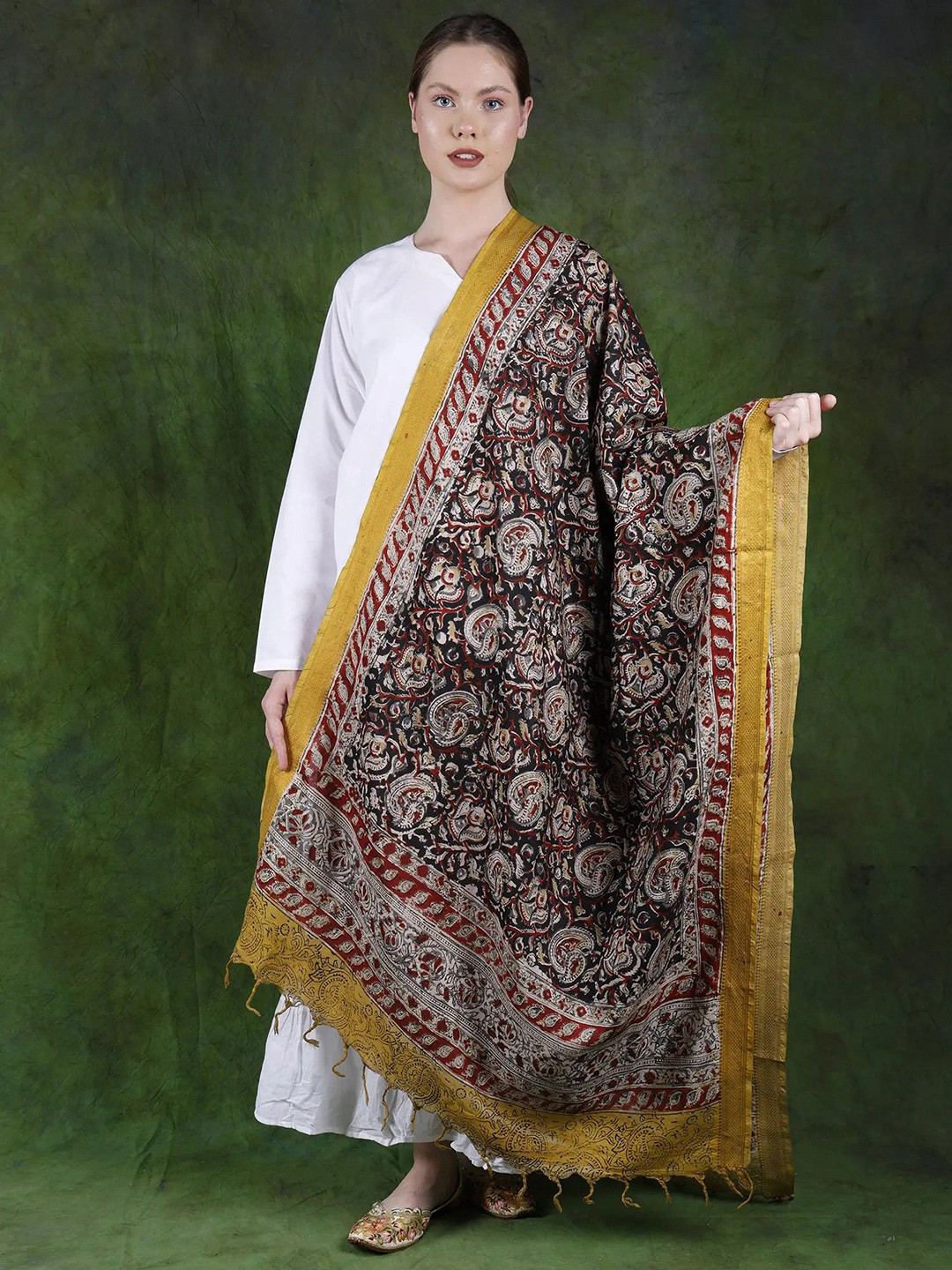 Exotic India Forest River Cotton-Silk Printed Paisleys Kalamkari Dupatta