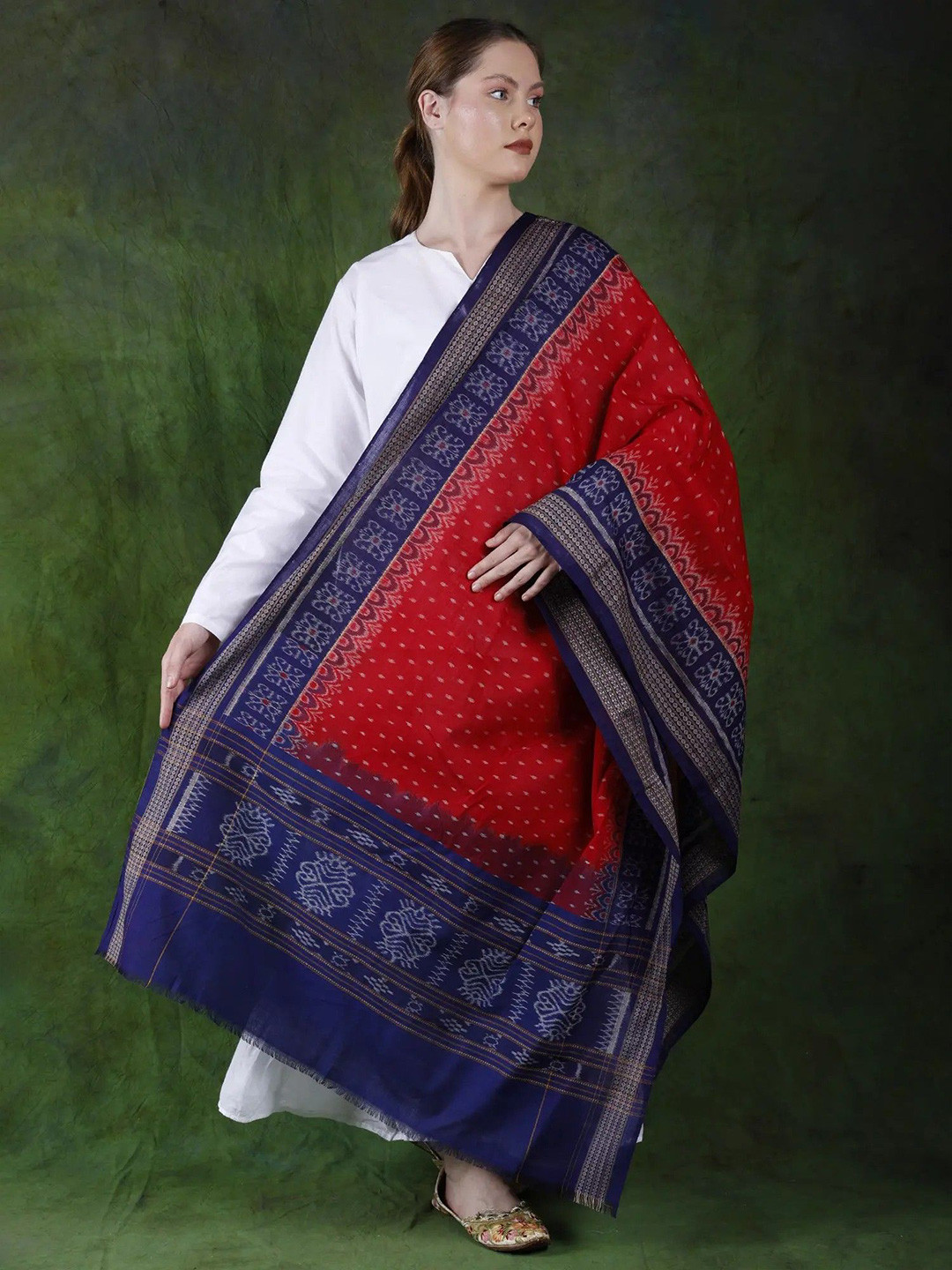 Exotic India Mars Red Pure Cotton Ikat Handloom Sambalpur Dupatta with Woven Border