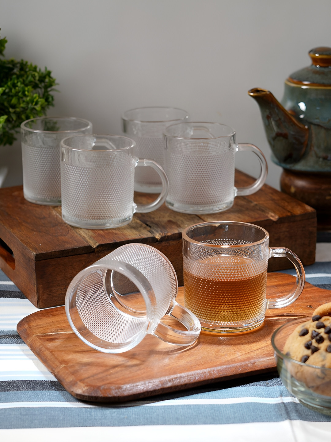 ceradeco Double Wall Transparent Textured Glass Microwave Safe 6 Piece Cups-175ml