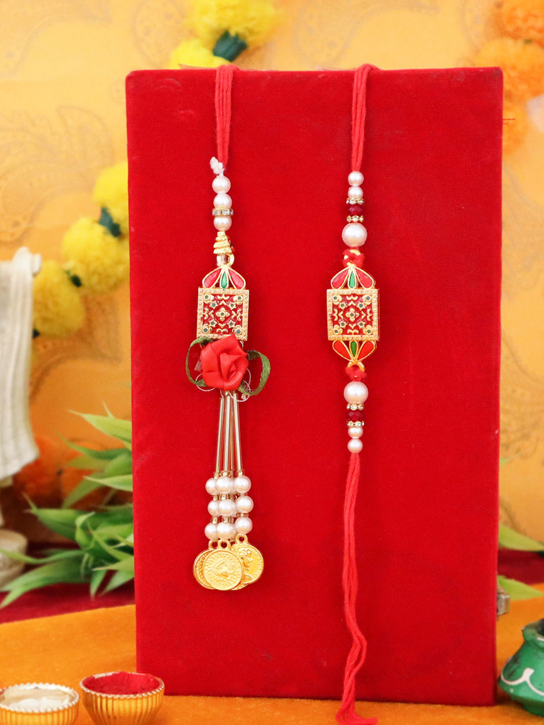 TIED RIBBONS Set of 2 Peacock Rakhi for Bhaiya Bhabhi With Roli Chawal Gift