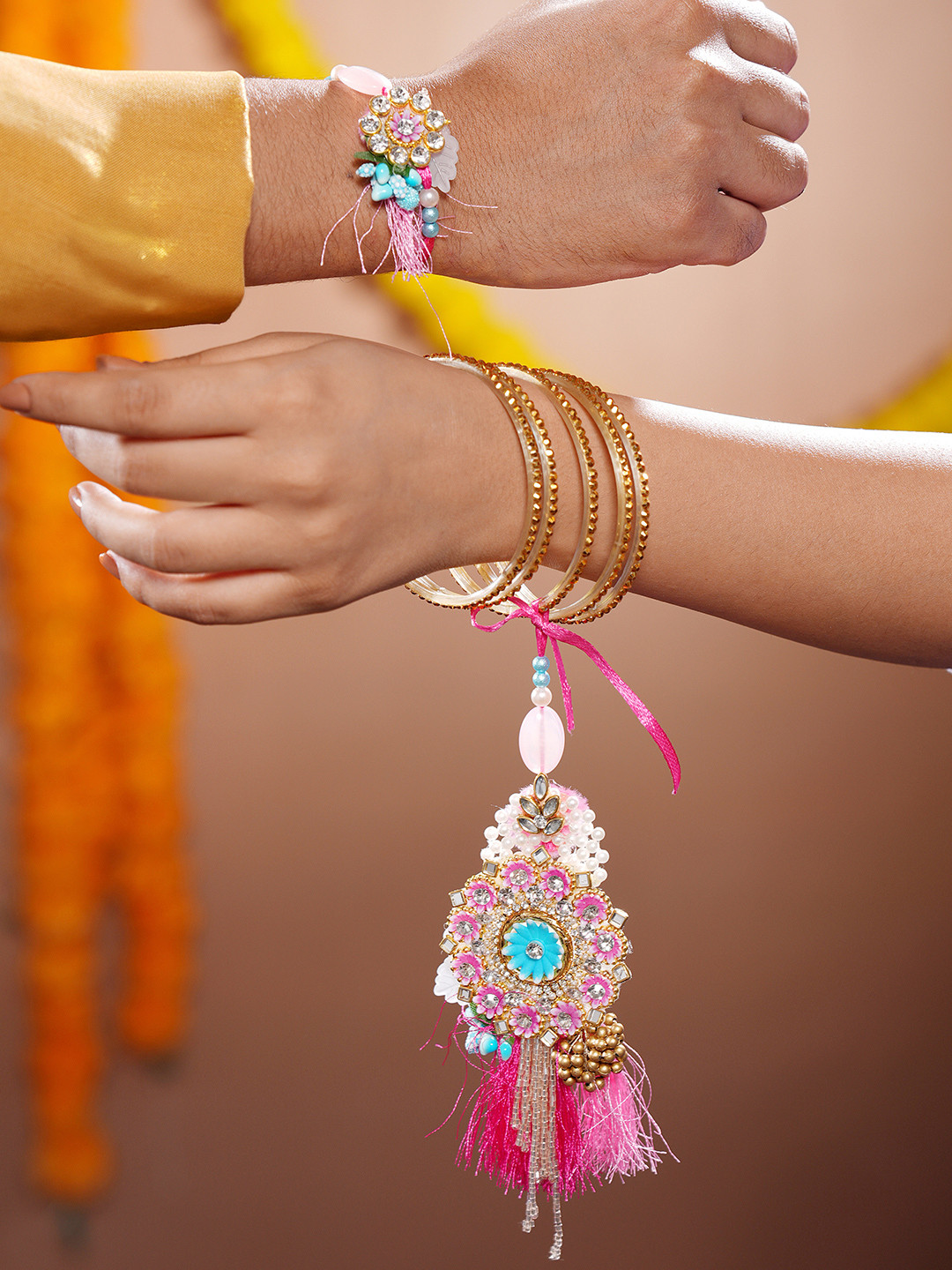 TIED RIBBONS Set of 2 Floral Rakhi Bhaiya Bhabhi with Roli Chawal Combo