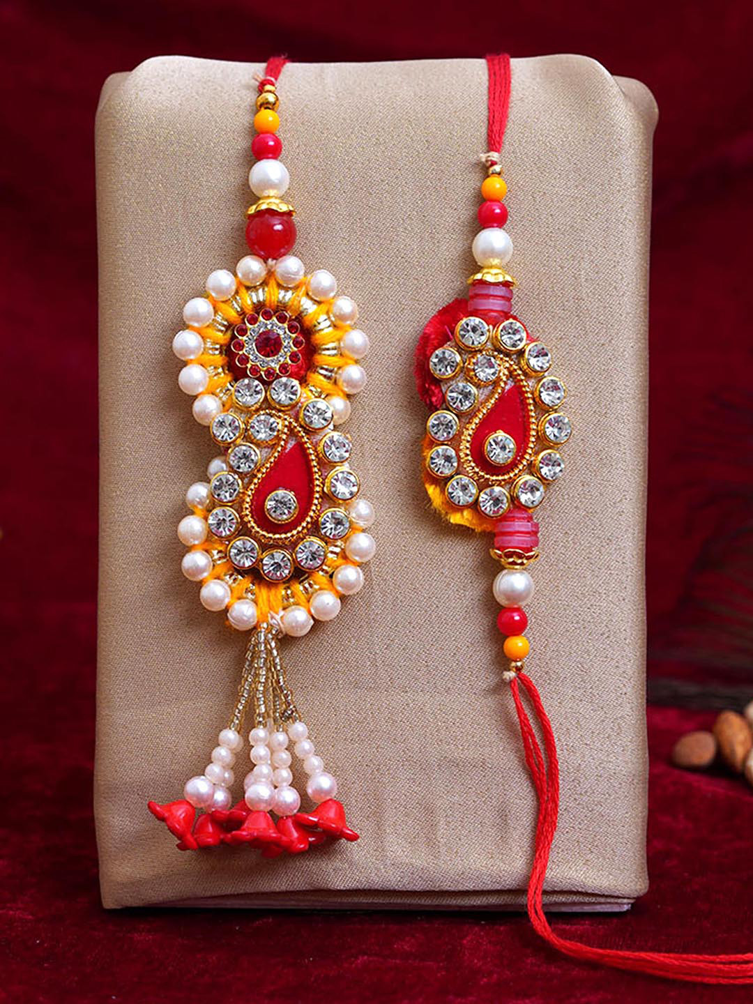 TIED RIBBONS Set of 2 Bracelet Rakhi for Bhaiya Bhabhi with Roli Chawal Combo