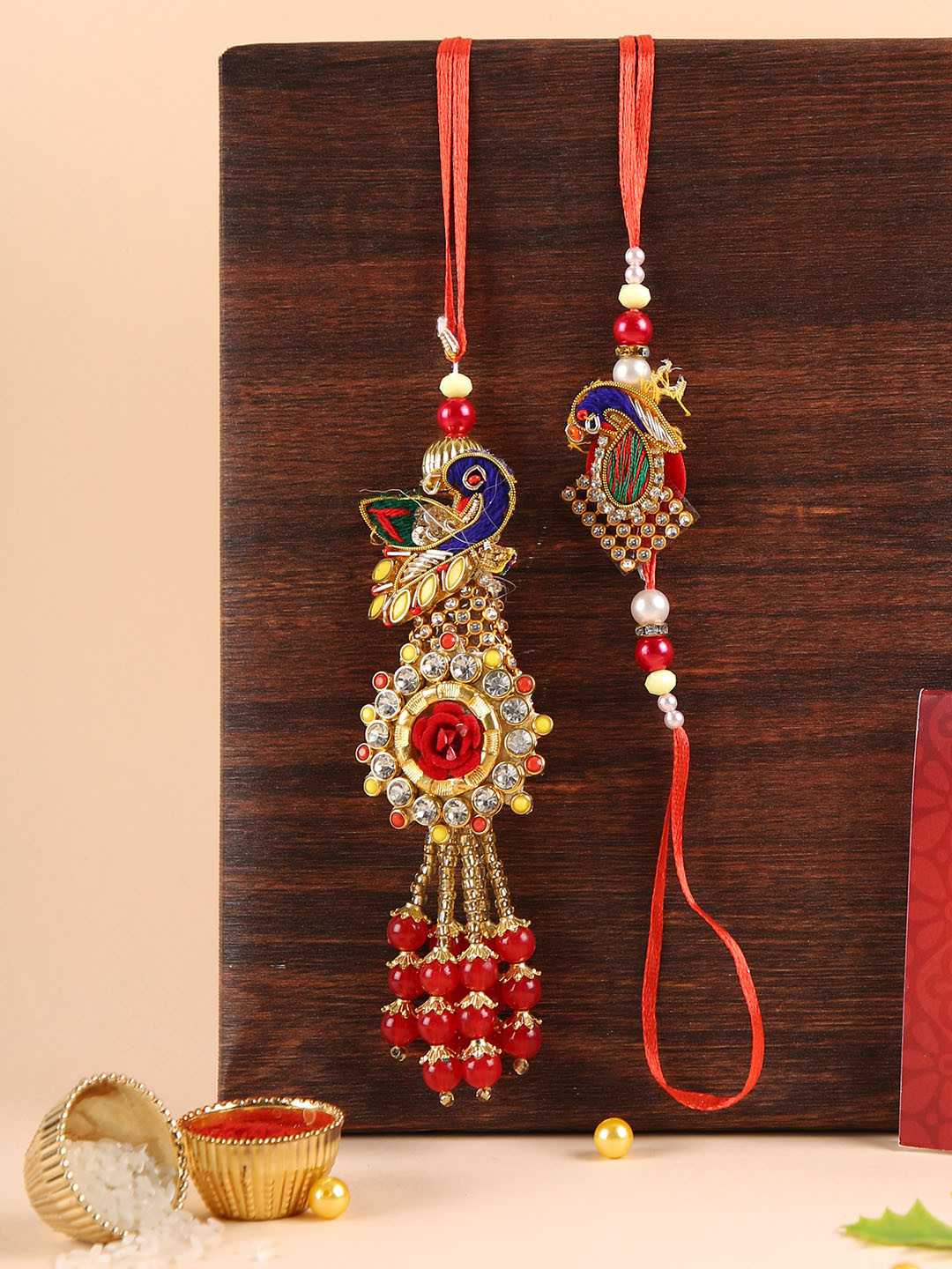 TIED RIBBONS Set of 2 Peacock Rakhi for Bhaiya Bhabhi, Gift Pack