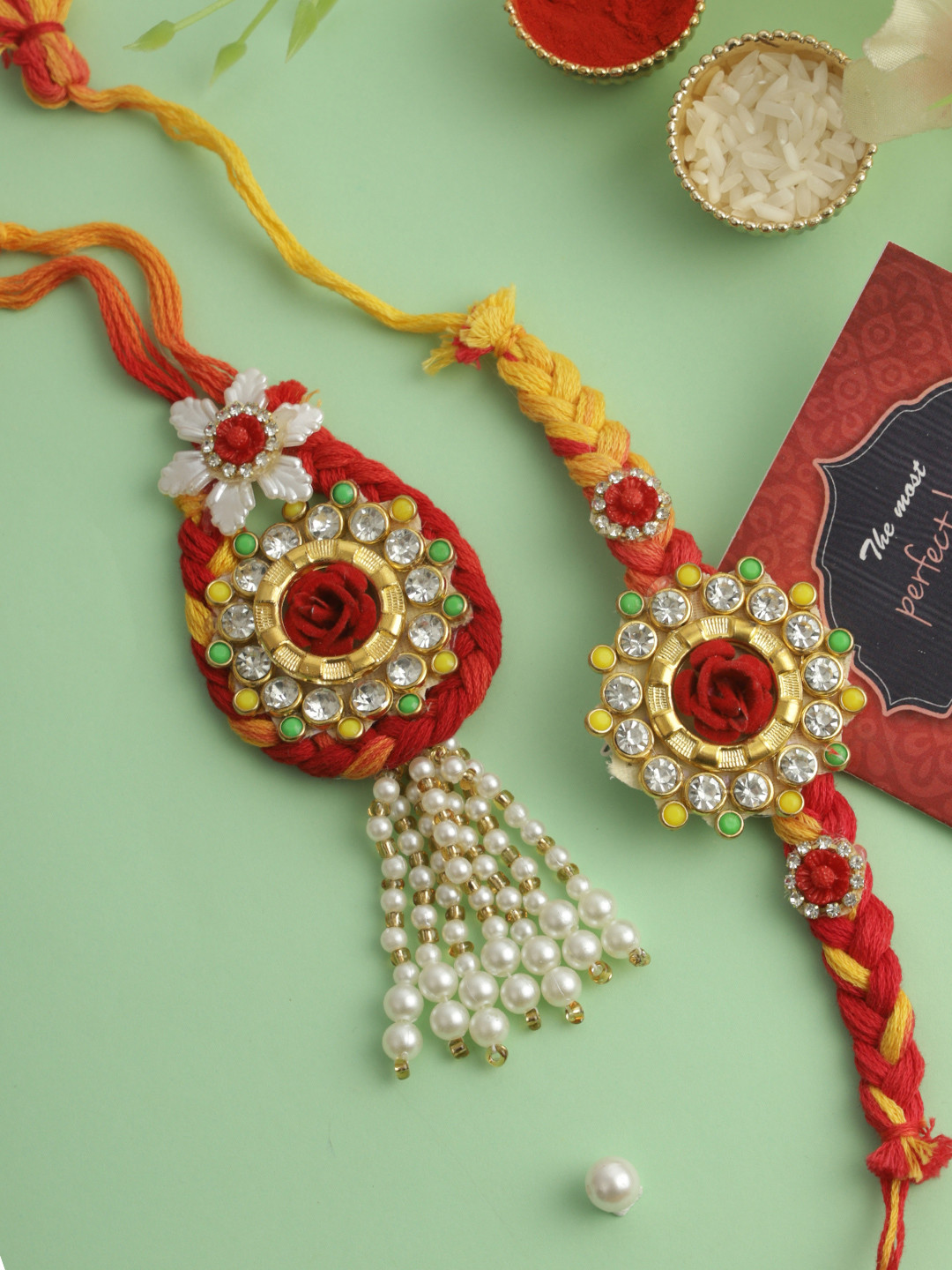 TIED RIBBONS Set of 2 Bhaiya Bhabhi Stone Rakhi with Roli Chawal Gift