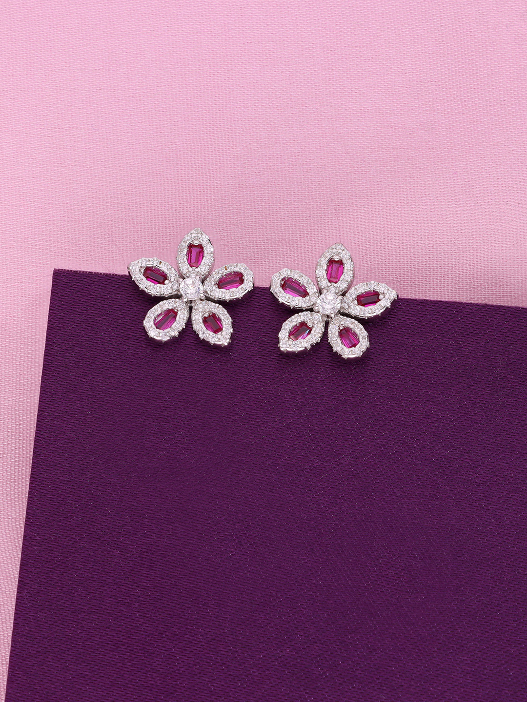 KAI JEWEL Rhodium-Plated 925 Sterling Silver CZ Stone Studded Floral Studs Earrings