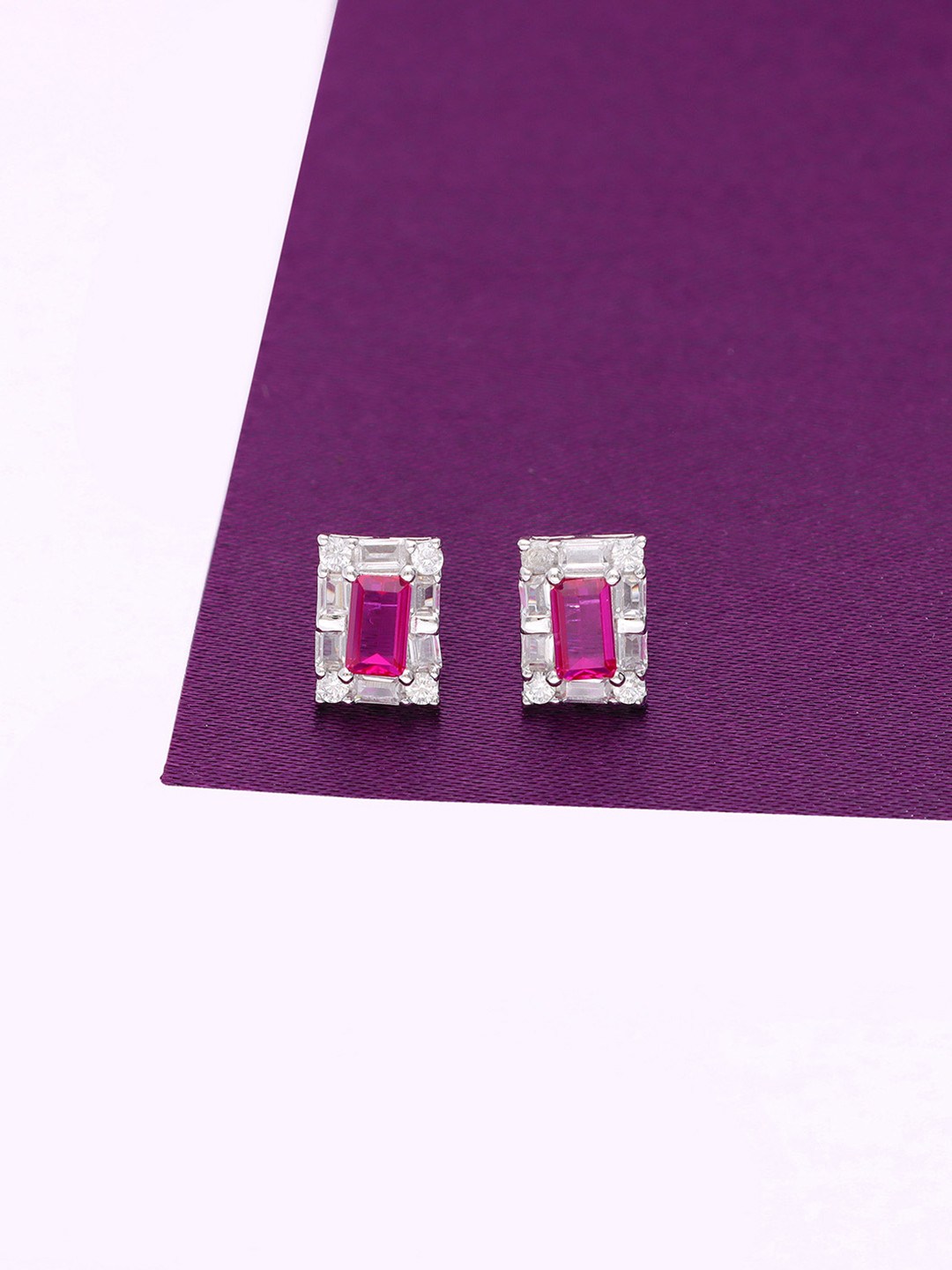 KAI JEWEL Rhodium-Plated 925 Sterling Silver CZ Stone Studded Rectangle Studs Earrings