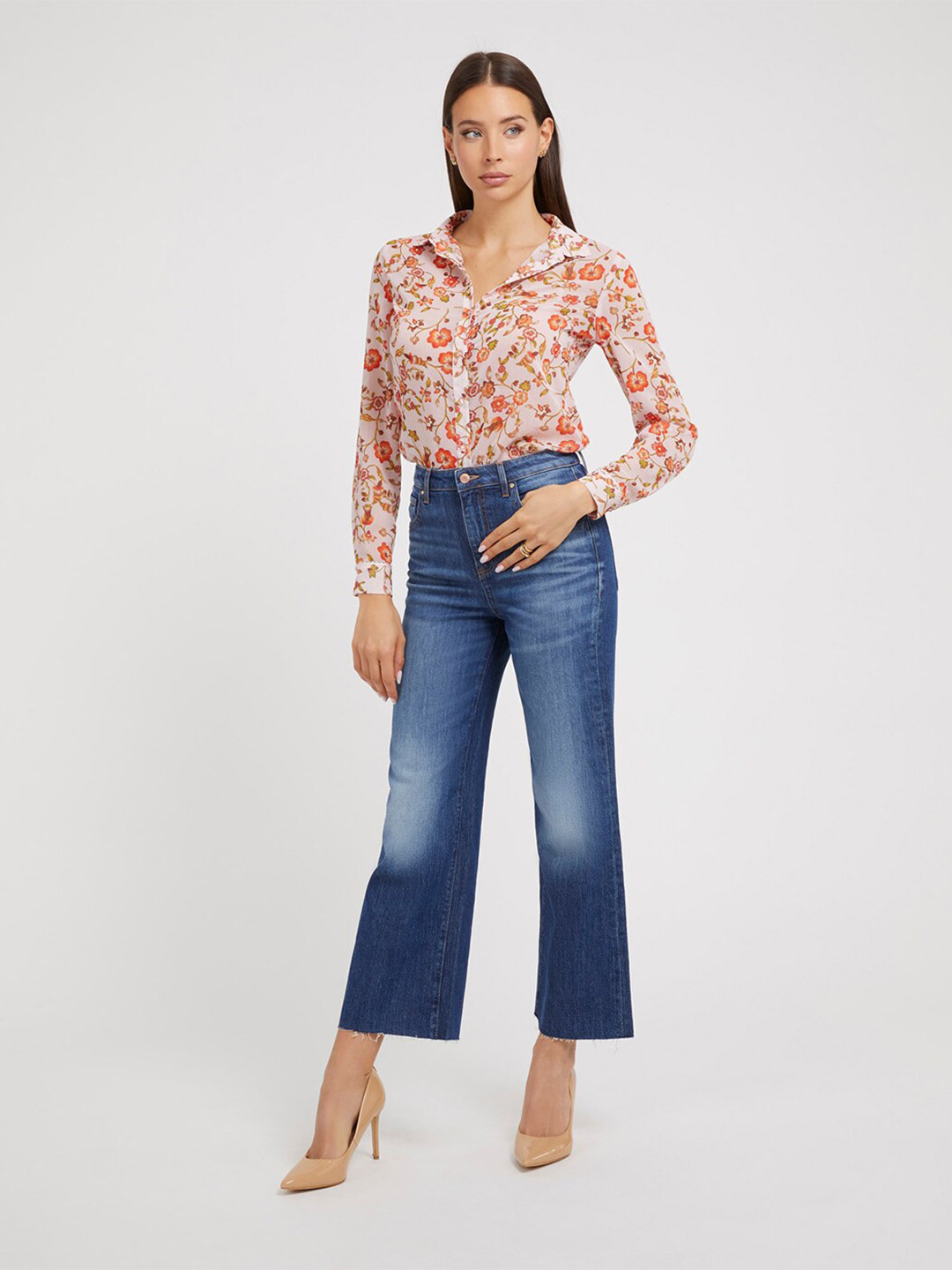 GUESS Women Floral Printed Cuban Collar Casual Shirt
