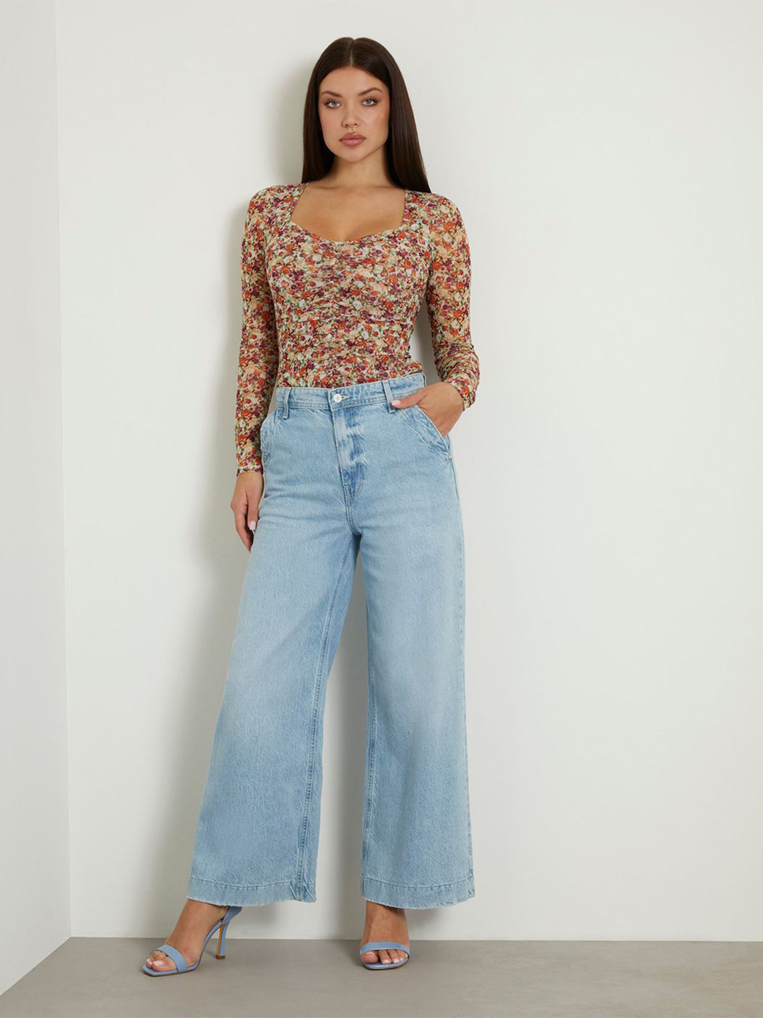 GUESS Floral Printed Ruched Square Neck Top