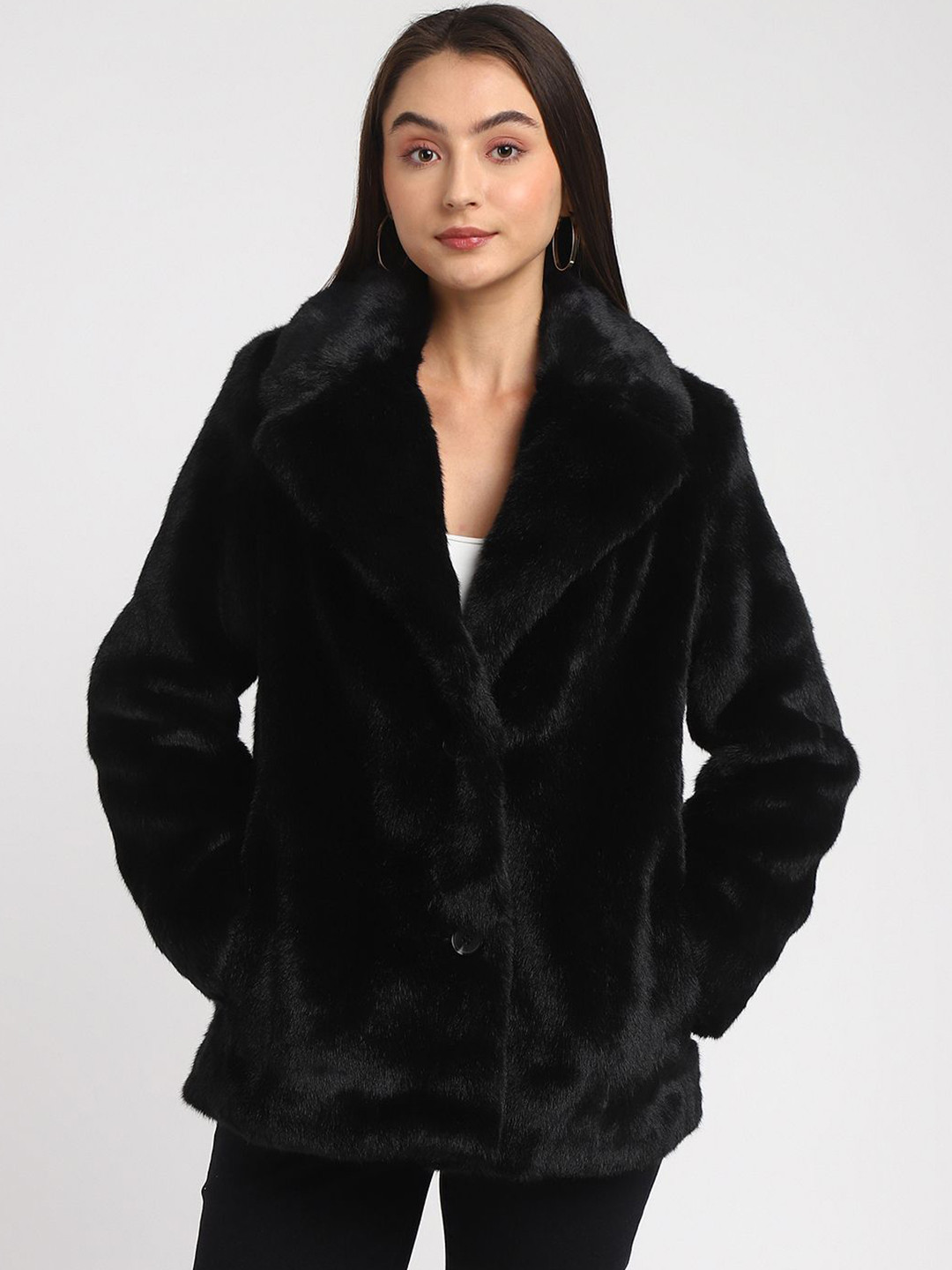 GUESS Women Solid Faux Fur Trim Longline Tailored Jacket