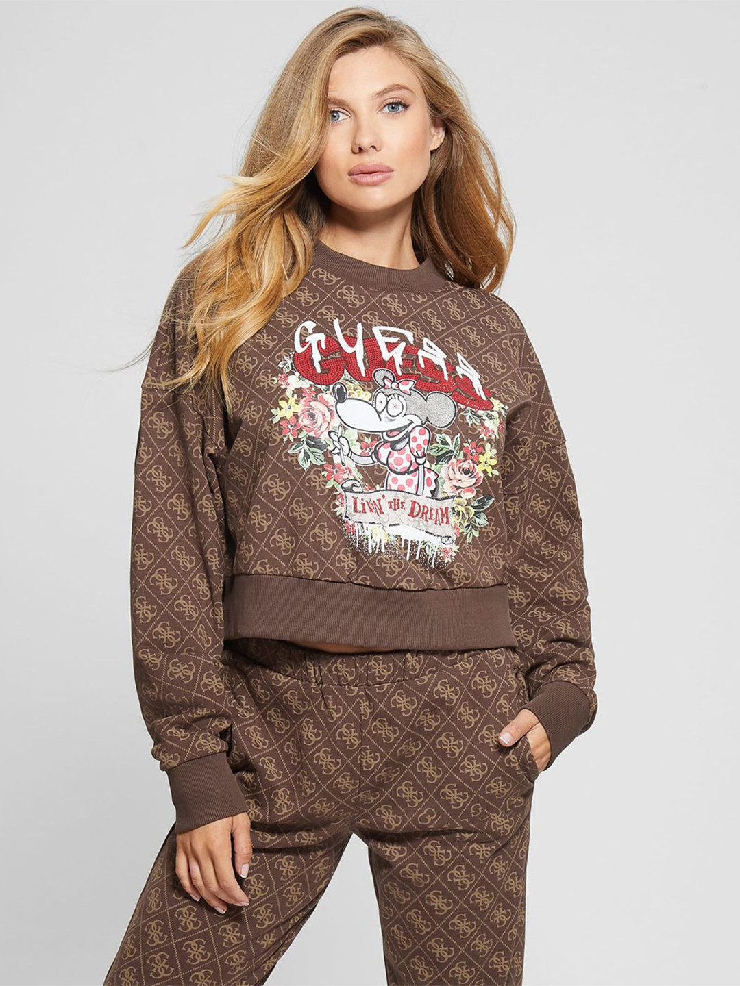 GUESS Women Graphic Printed Round Neck Crop Sweatshirt