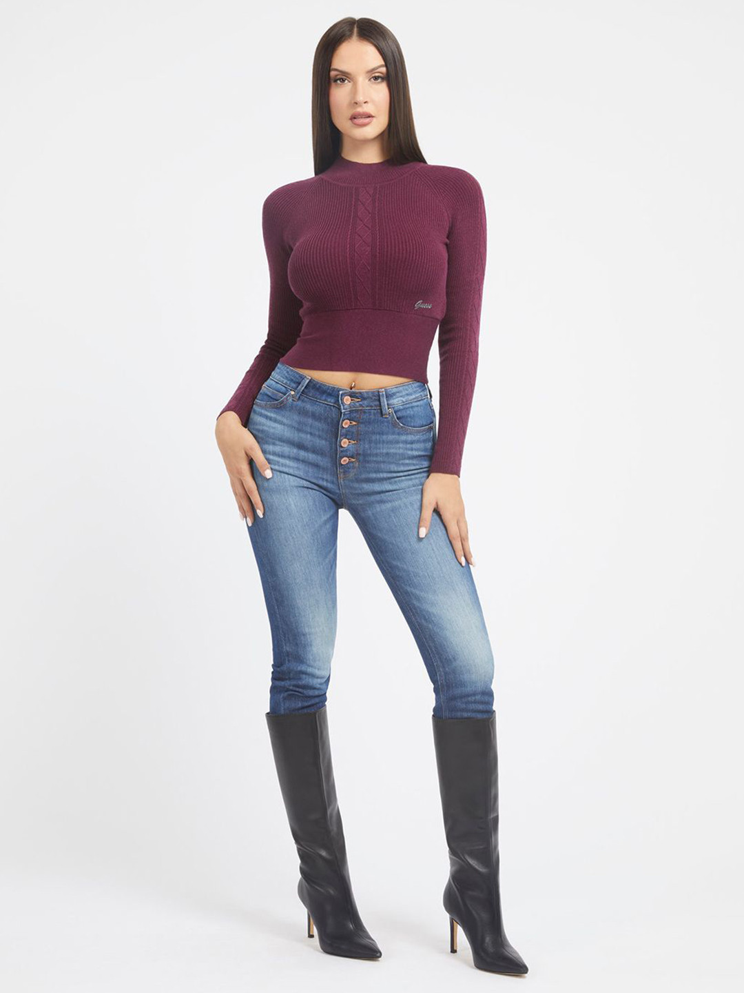GUESS Women Ribbed Crop Pullover Sweater