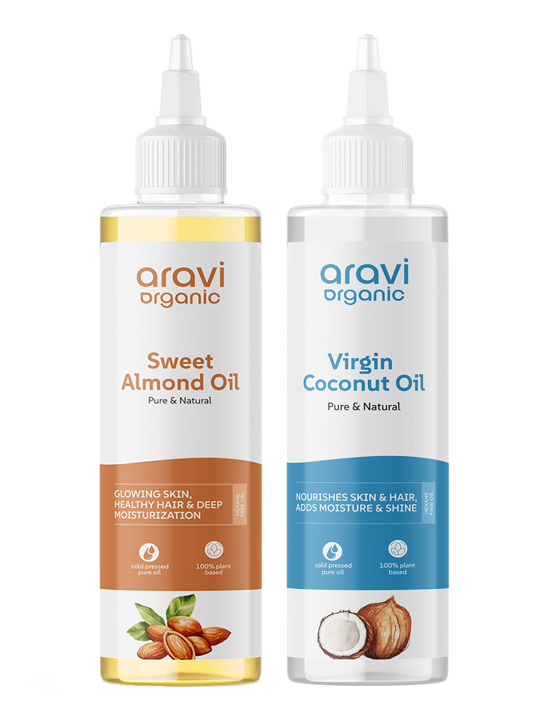 Aravi Organic Set of 100% Pure Cold Pressed Almond & Coconut Oil for Hair & Skin Care