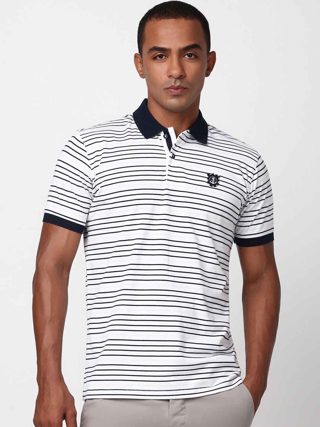 Peter England Casuals Men Striped Nautical Polo Collar Applique Cotton T-shirt