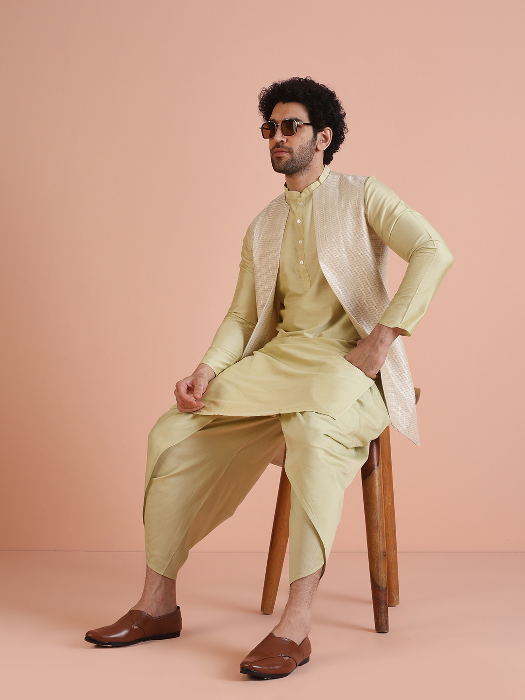 KISAH Mandarin Collar Long Sleeves Regular Kurta & Dhoti Pants with Jacket