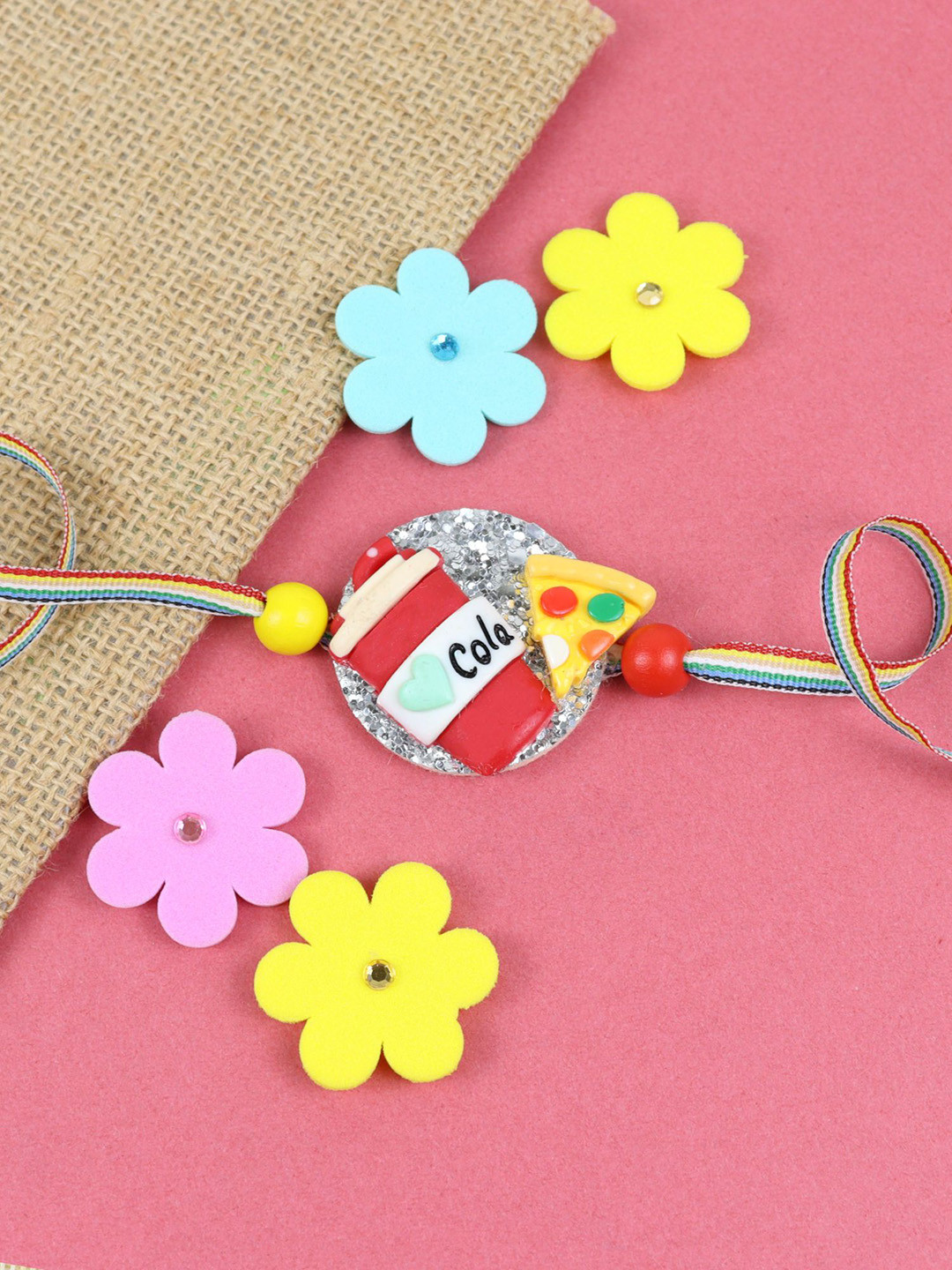 Asthetika Boys Pizza and Cola Thread Rakhi With Roli Chawal