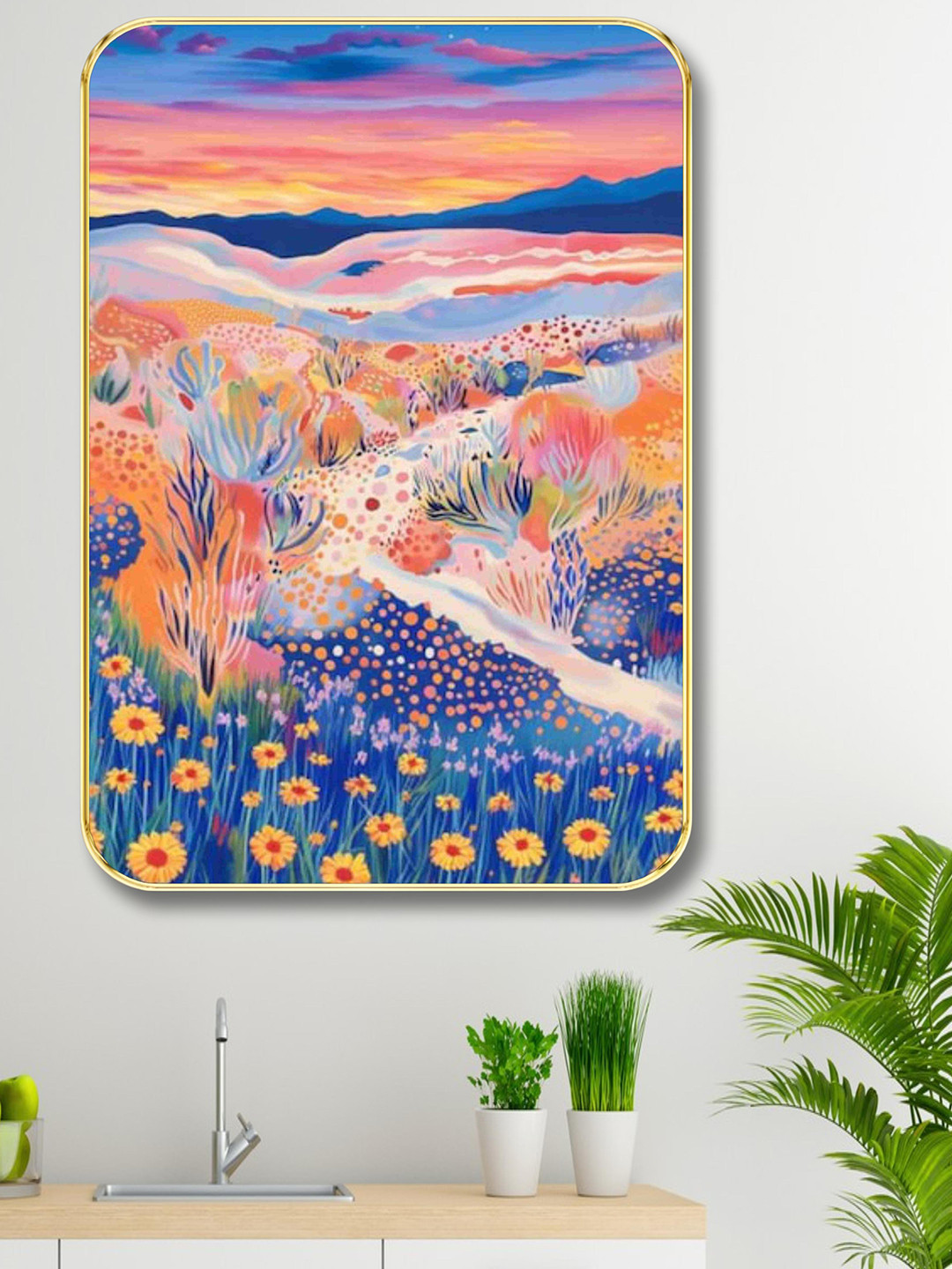 SAF Blue & Peach Nature Printed Wooden Wall Art