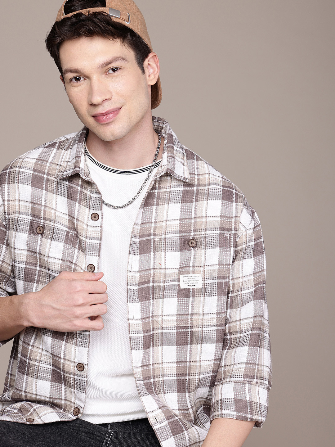 WROGN Opaque Textured & Checked Oversized Casual Shirt