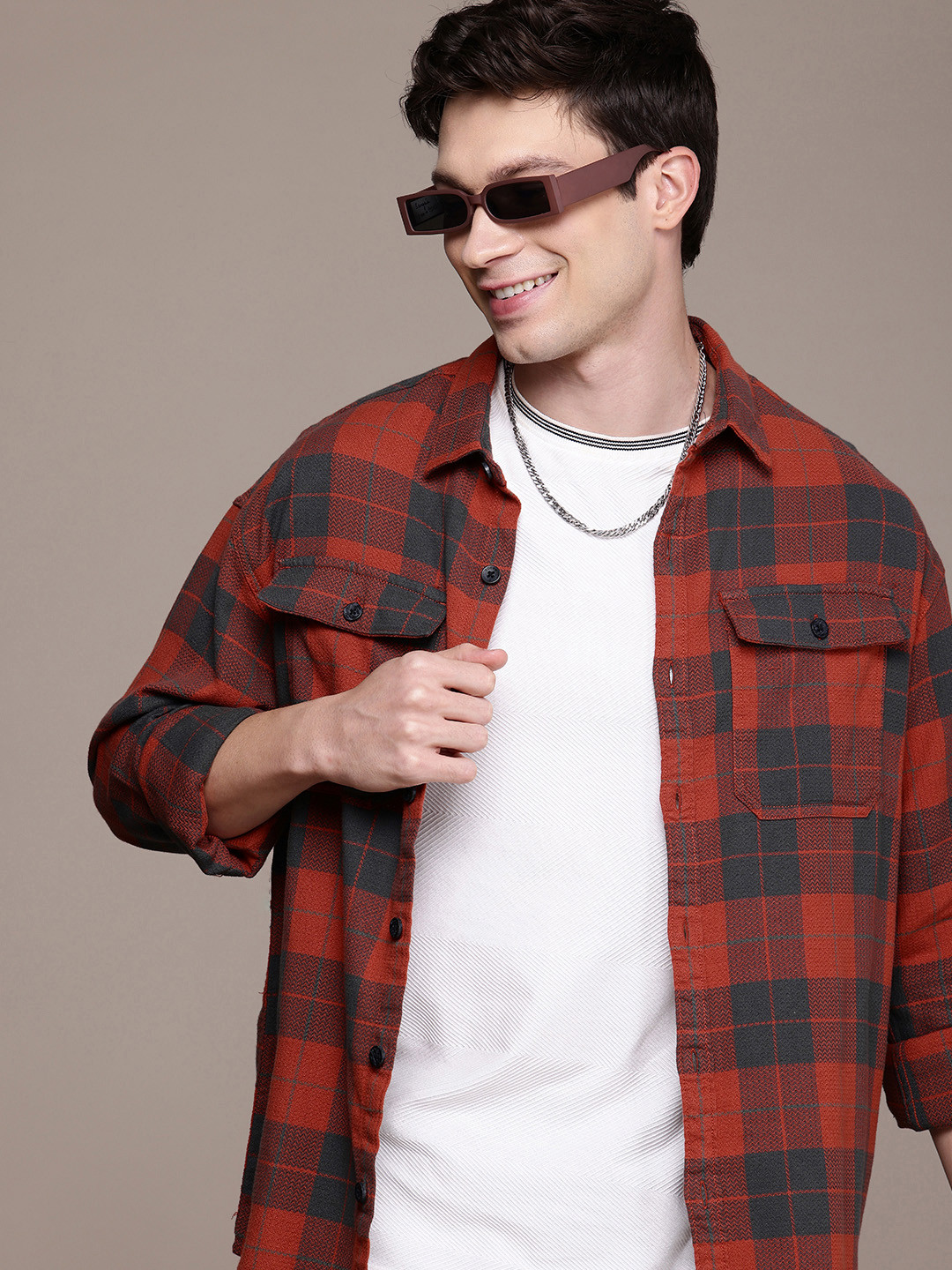 WROGN Opaque Textured & Checked Oversized Casual Shirt