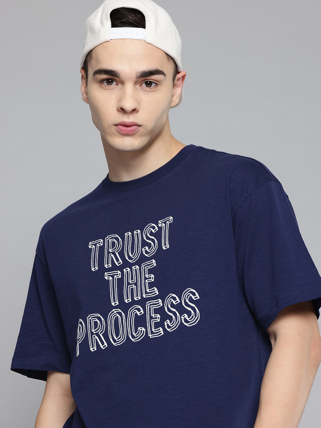 Aeropostale Typography Printed Relaxed fit drop shulder sleeves Indigo Pure Cotton T-shirt