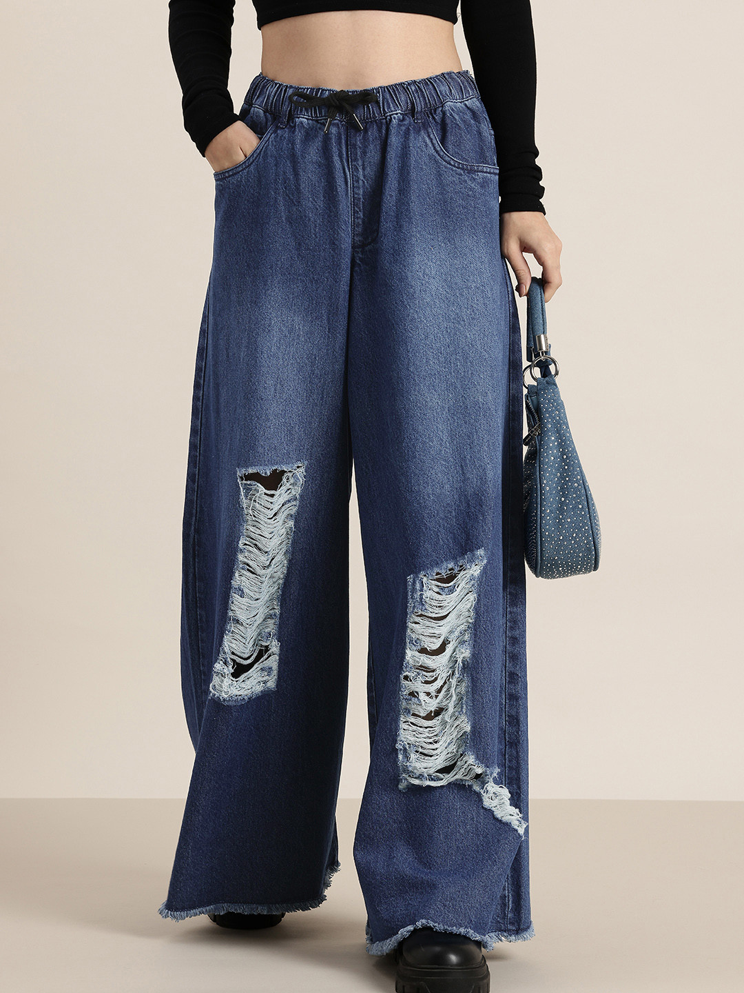 HERE&NOW Women Pure Cotton Wide Elephant Leg Fit Highly Distressed Light Fade Jeans