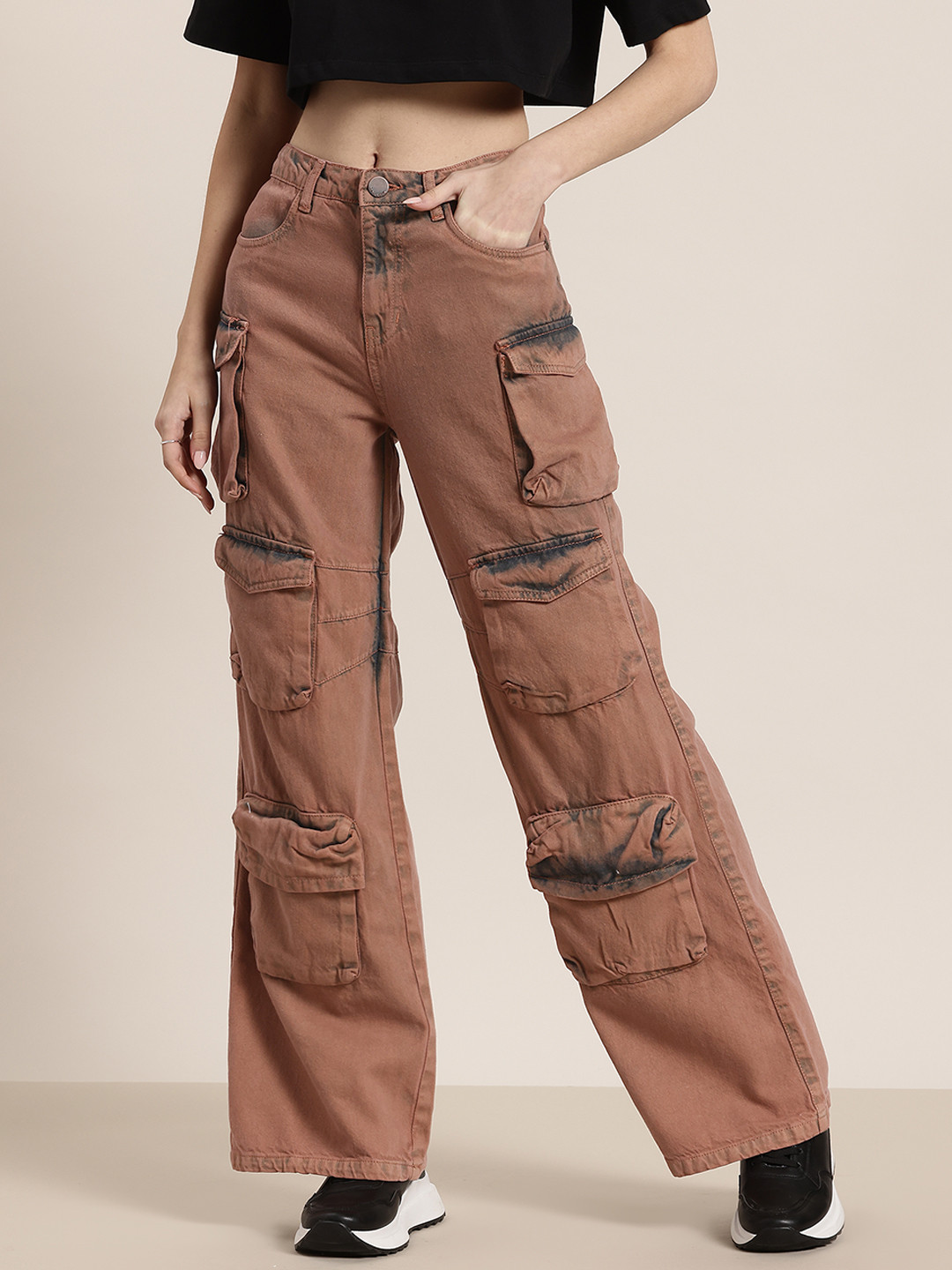 HERE&NOW Women Wide Leg Acid Wash Cargo Style Jeans