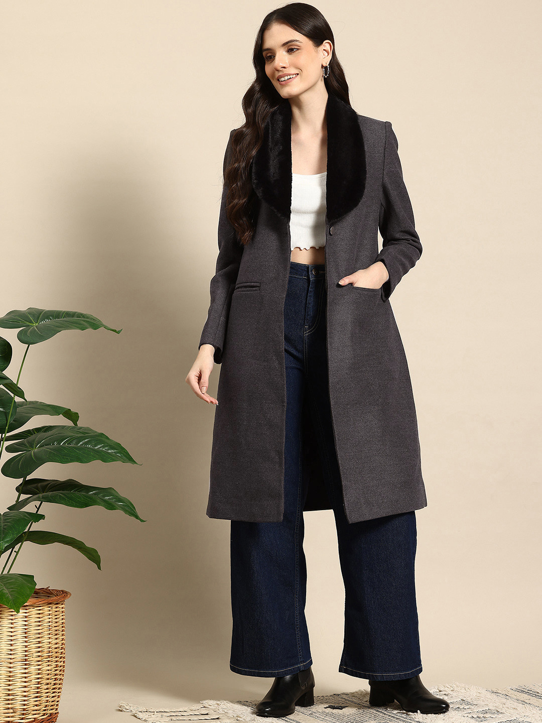 Mast & Harbour Faux Fur Lapel Longline Overcoat