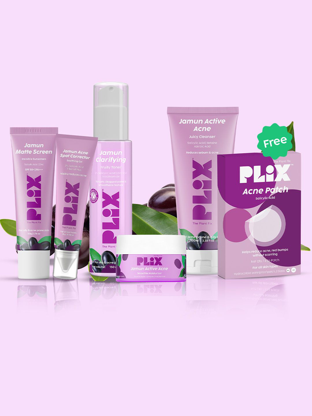 PLIX THE PLANT FIX Jamun Active Acne Cleanser, Corrector, Moisturizer, Sunscreen & Patches