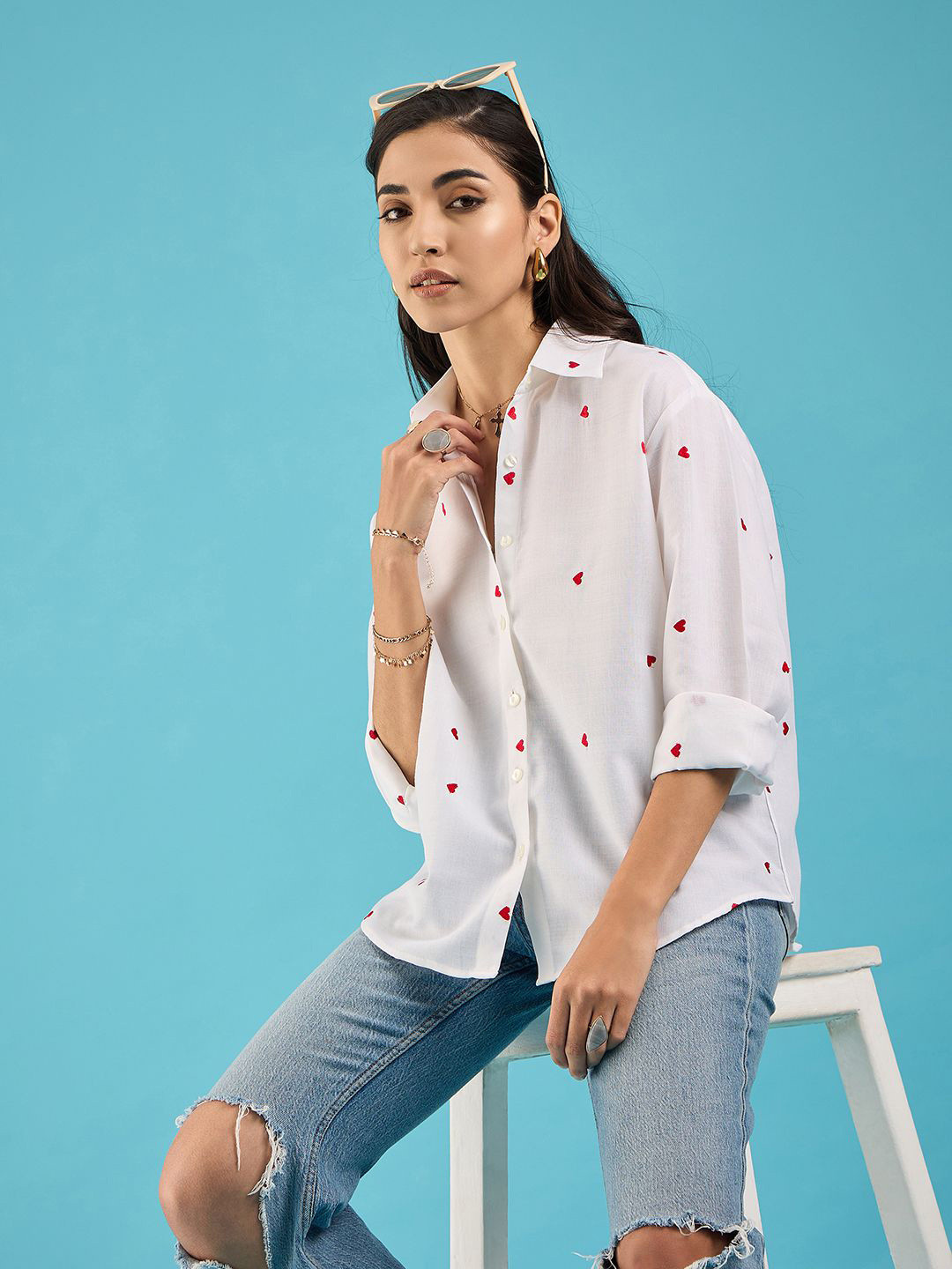 Uptownie Embroidered Cotton Boxy Shirt with Hearts