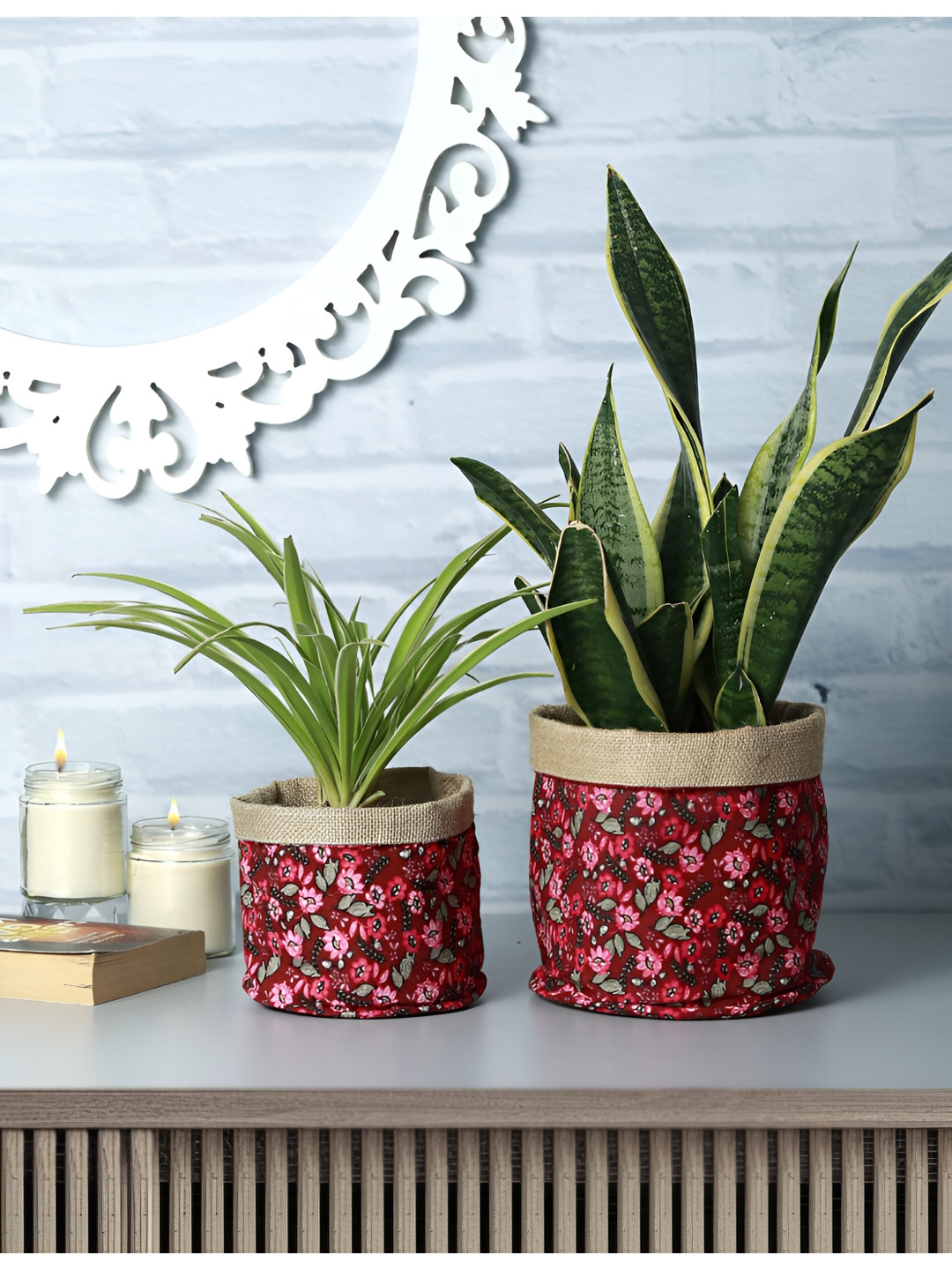 Homspurts Red & Green 2 Pieces Printed Natural Jute & Cotton Planter