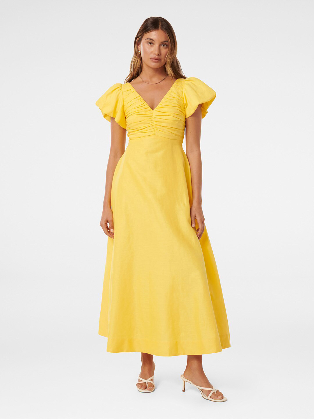 Forever New Flutter Sleeve Linen Fit & Flare Maxi Dress