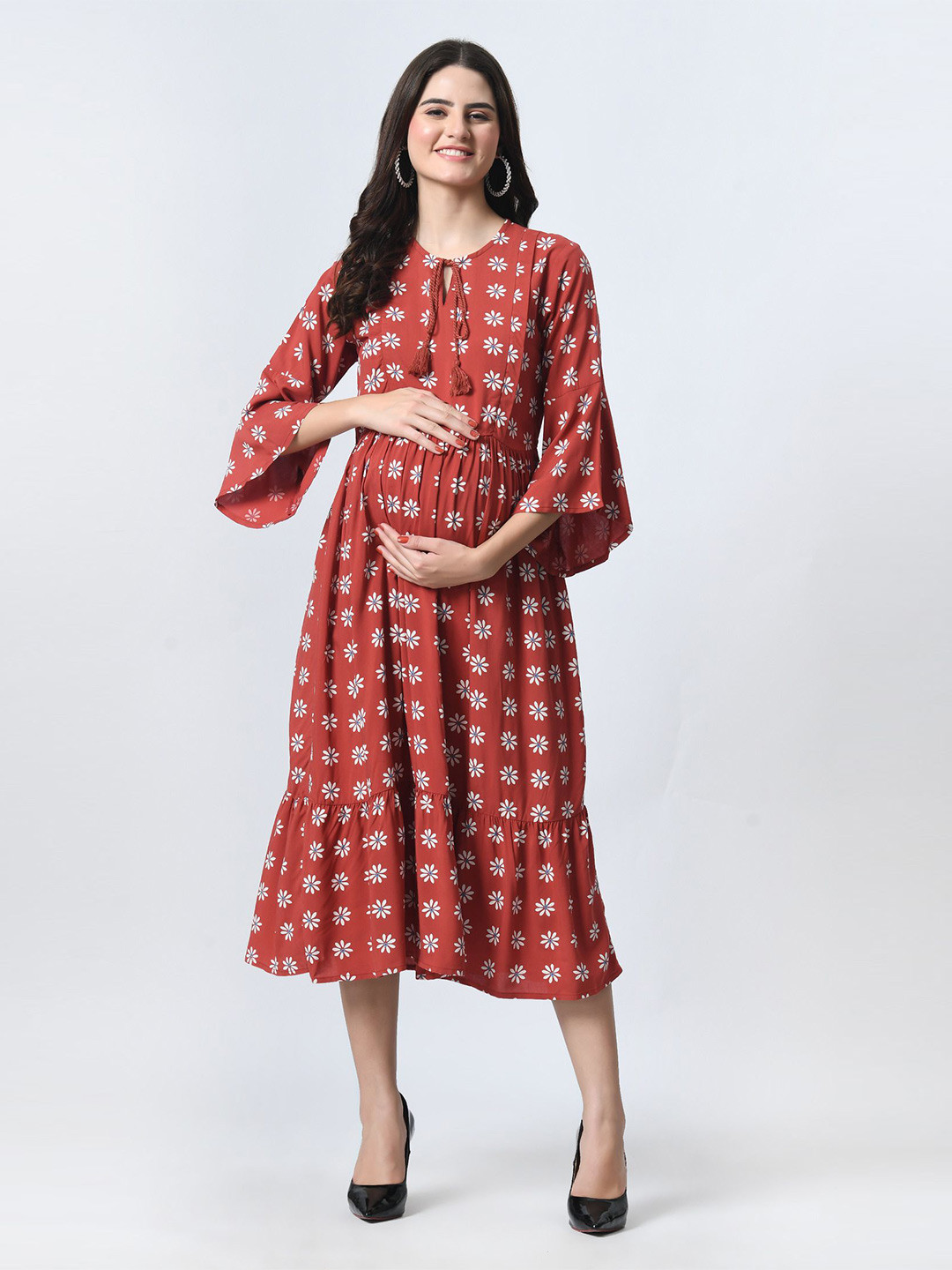 Aaruvi Ruchi Verma Ethnic Motifs Print Tie-Up Neck Bell Sleeve Maternity Fit & Flare Midi Dress