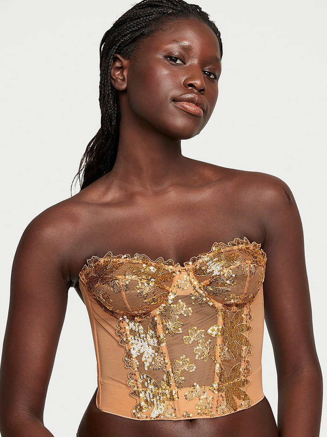 Victoria's Secret Very Sexy Gold Sequined Ziggy Floral Embroidery Unlined Corset Embellished Top