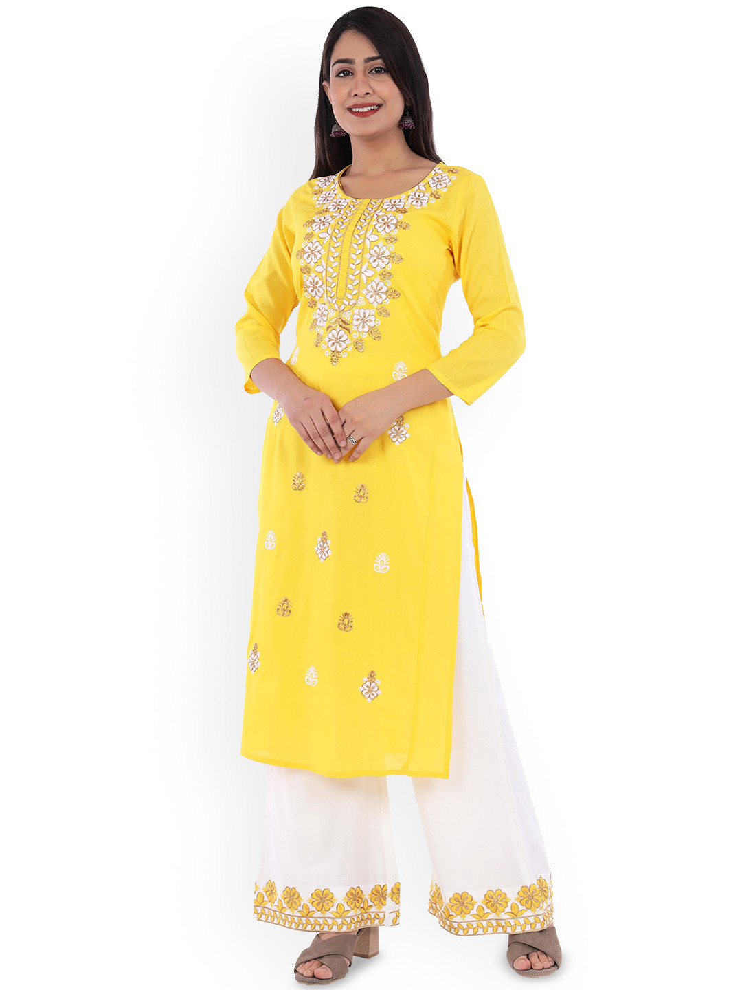 ELVISH JAIPUR Women Floral Embroidered Regular Kurta with Palazzos