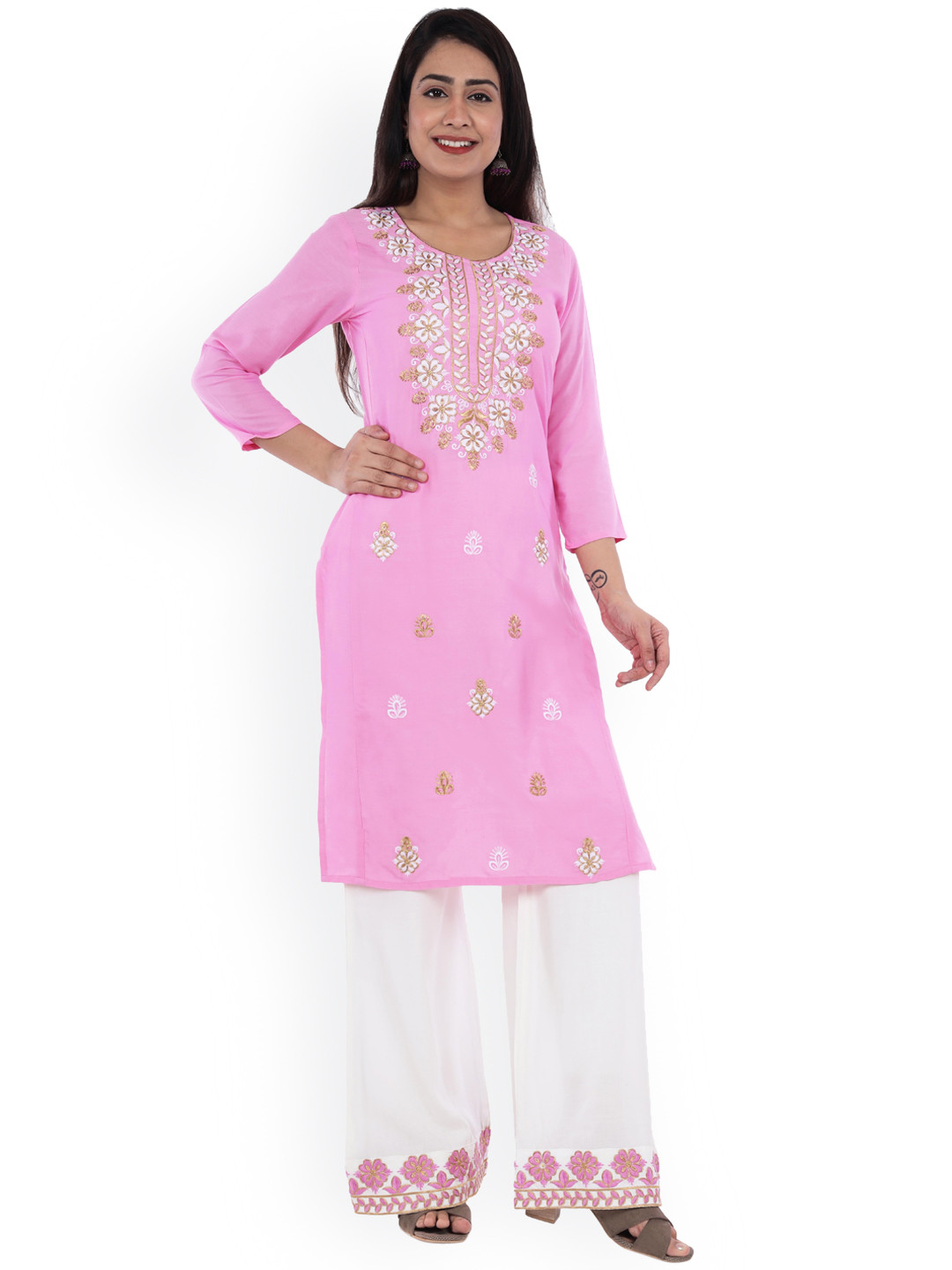 ELVISH JAIPUR Women Floral Embroidered Regular Kurta with Palazzos