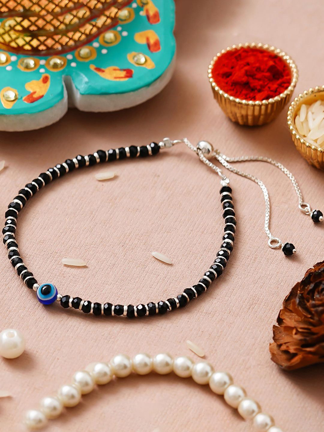 eCraftIndia Evil Eye Beads 925 Pure Sterling Silver Bracelet Rakhi for Brother