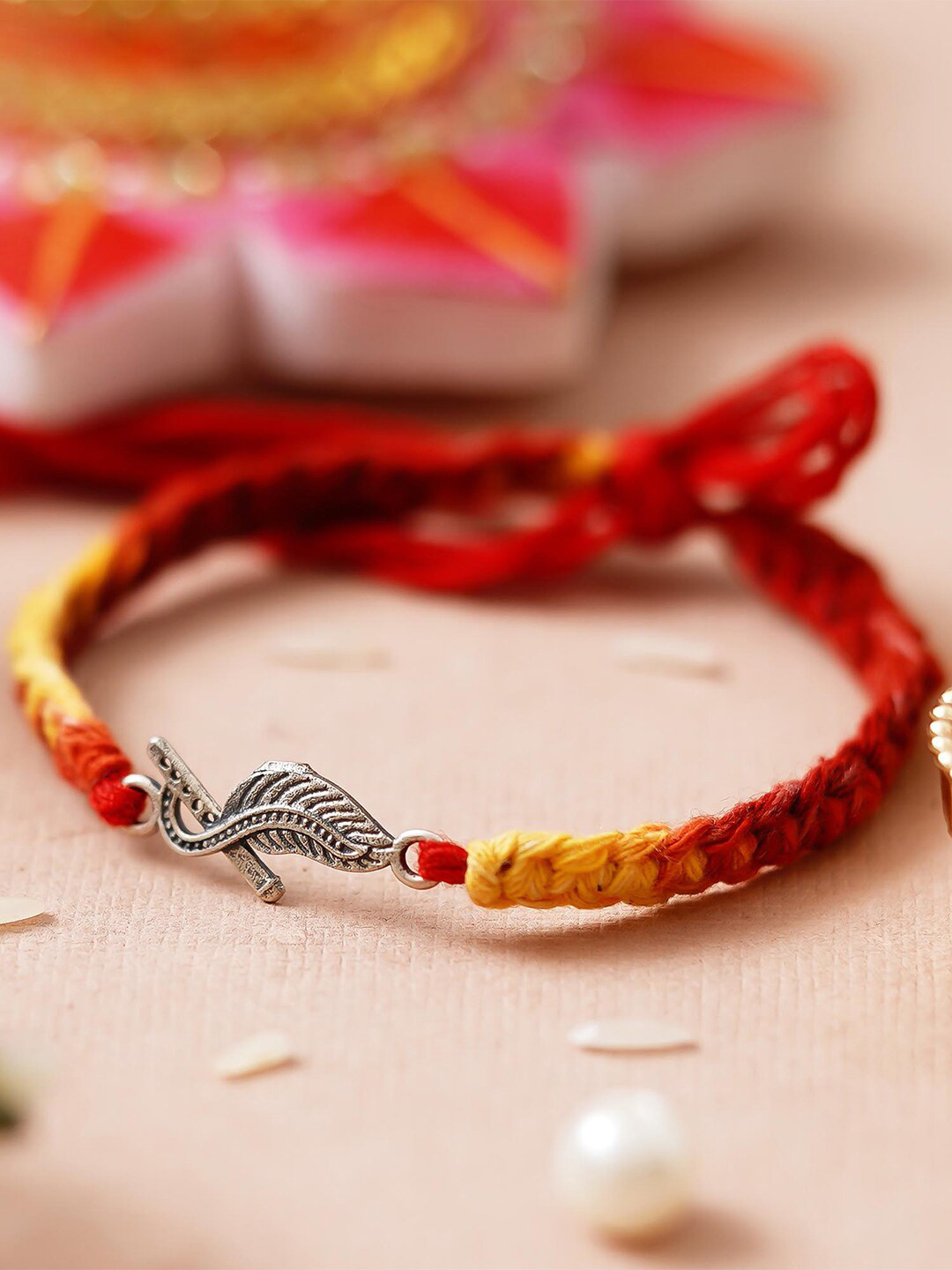 eCraftIndia Flute Peacock Feather Designer 925 Sterling Silver Rakhi for Brother