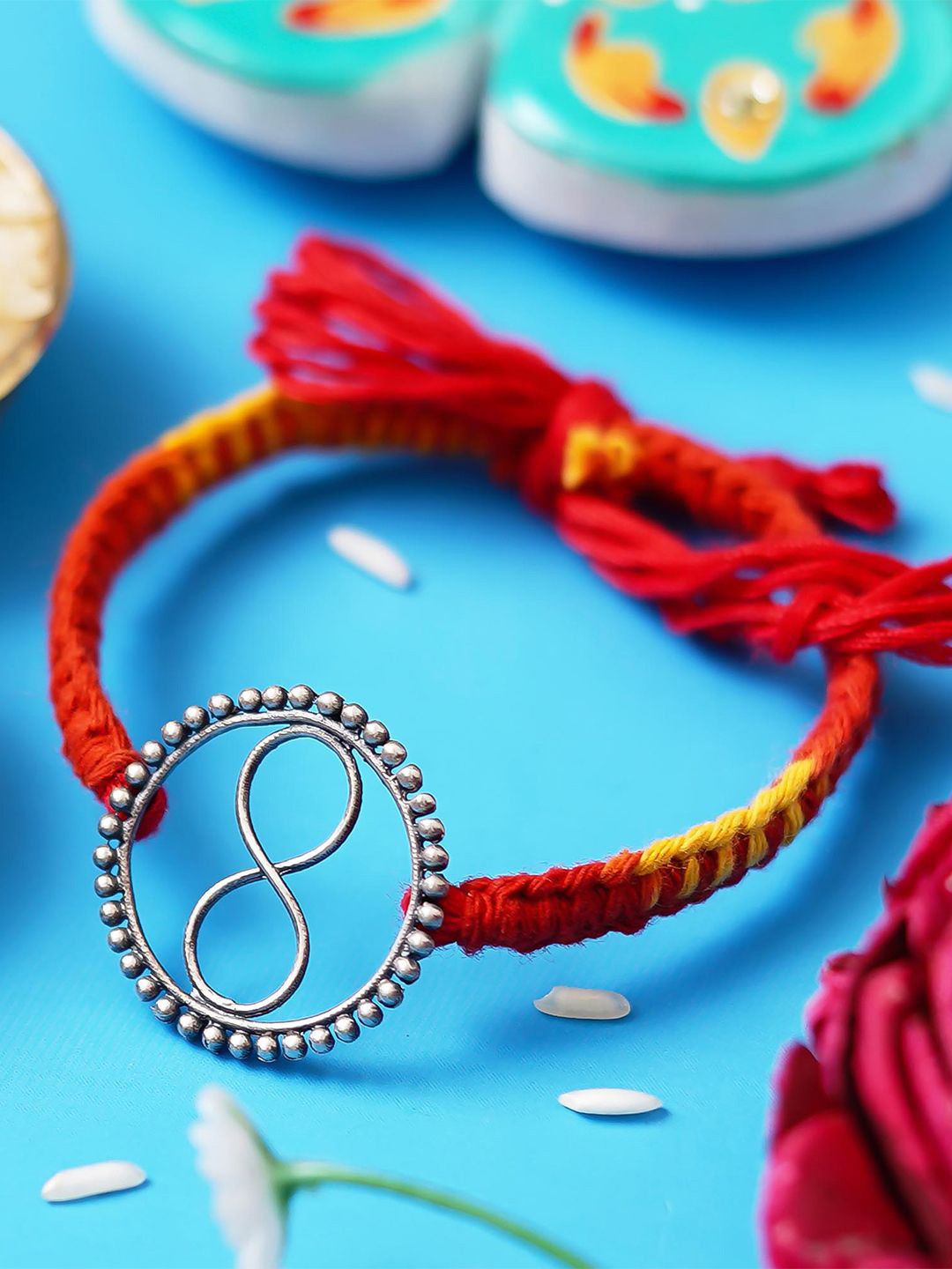 eCraftIndia Round Infinity 925 Sterling Silver Rakhi for Brother, Roli Chawal Pack